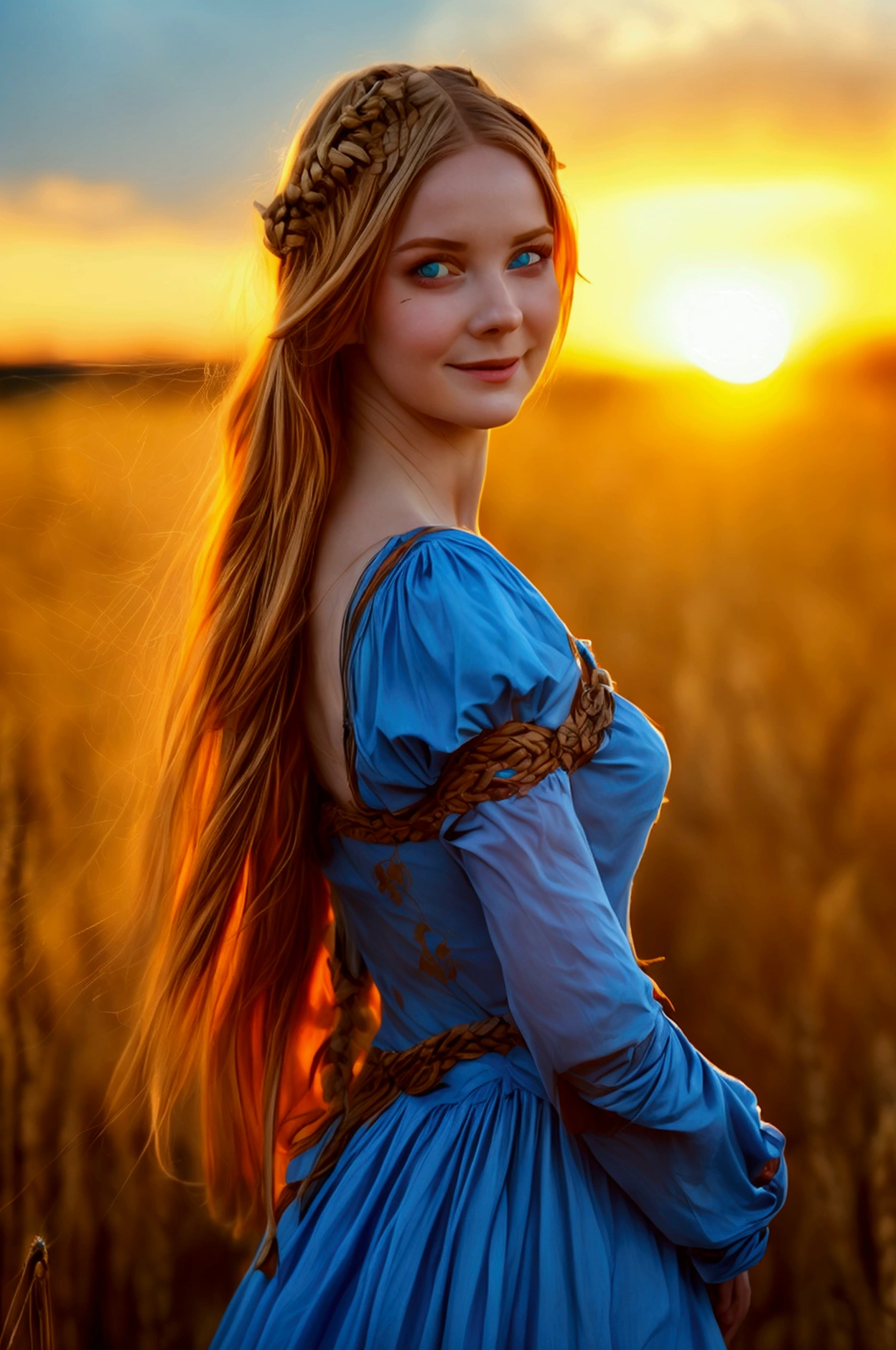 1 girl, Alone, long orange hair, run, (tall wheat field), turn around, emerald eyes, long blue dress, middle Ages, medieval costume, sunset long sleeve, light from behind, shadow in the figure, smile, risa, (blue sky), in the context of wheat, standing in the distance, looking at the viewer, longitud total