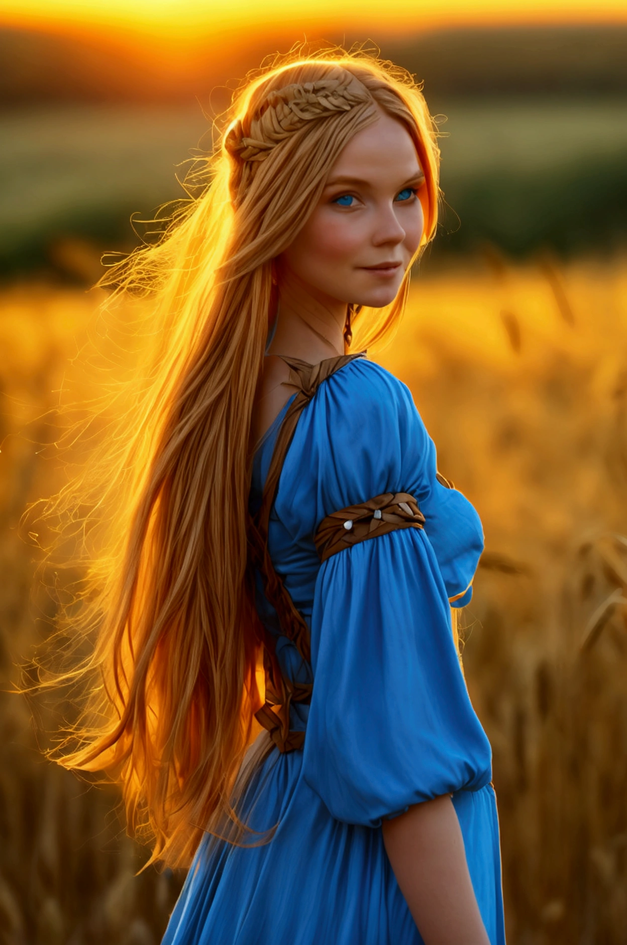 1 girl, Alone, long orange hair, run, (tall wheat field), turn around, emerald eyes, long blue dress, middle Ages, medieval costume, sunset long sleeve, light from behind, shadow in the figure, smile, risa, (blue sky), in the context of wheat, standing in the distance, looking at the viewer, longitud total