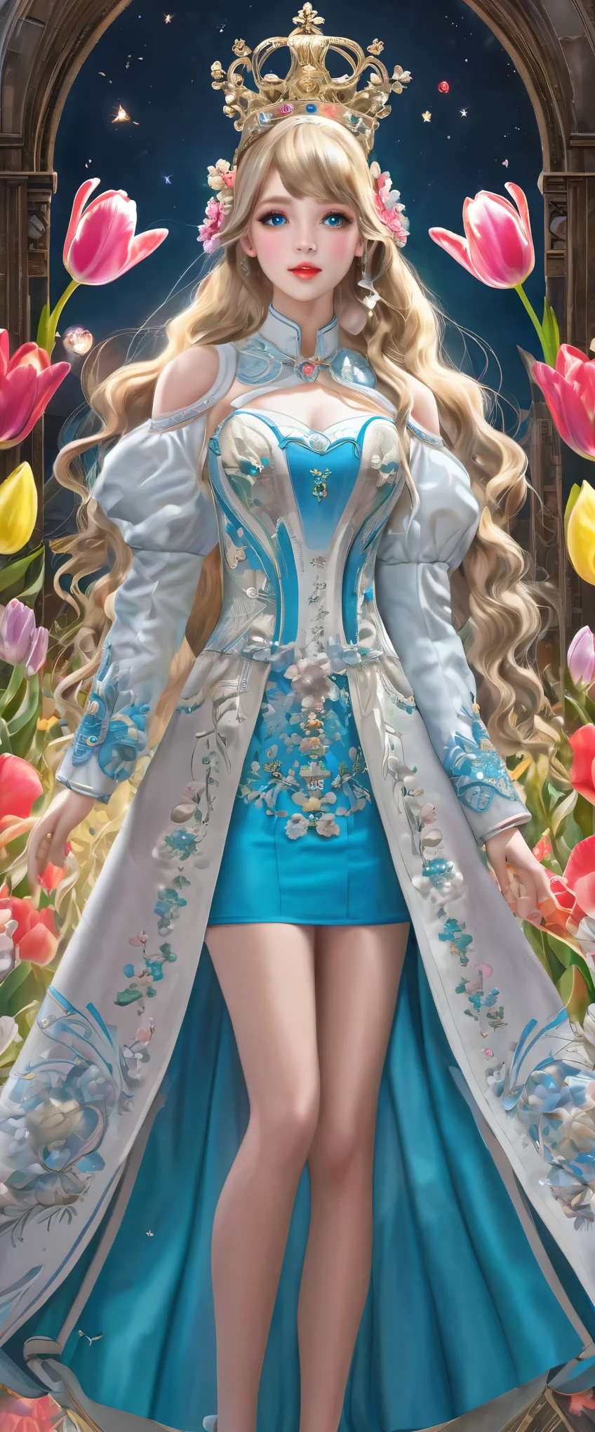 8k resolution, masterpiece, Highest quality, Award-winning works, unrealistic, sole Sexy lady, doaxvv_amy, healthy shaped body, 18-year-old, Height: 158cm, Her measurements are B/W55/H88, Blonde long hair, Twin ponytail, break, Mysterious big blue eyes, Standard nose, eyeliner, Pink Lips,  hair band, super huge bouncing busts, Sexy, Beautiful Skin, A pure white school dress with a complex structure, royal coat of arms, elegant, Very detailed, Digital Painting, artステーションコンセプトart, Smooth, Sharp focus, shape, artジャム、Greg Rutkowski、Alphonse Mucha、William Adolphe Bouguereau、art：Stephanie Law , Royal Jewel, nature, Full Shot, Symmetric, Greg Rutkowski, Charlie Bowwater, beep, Unreal 5, Surreal, Dynamic Lighting, ファンタジーart, Complex colors, Colorful magic circle, flash, dynamic Sexy poses, A kind smile, Mysterious Background, aura, A gentle gaze, break, Small faint lights and flying fireflies, night, lanthanum, (Tulip bouquet:1.3)
