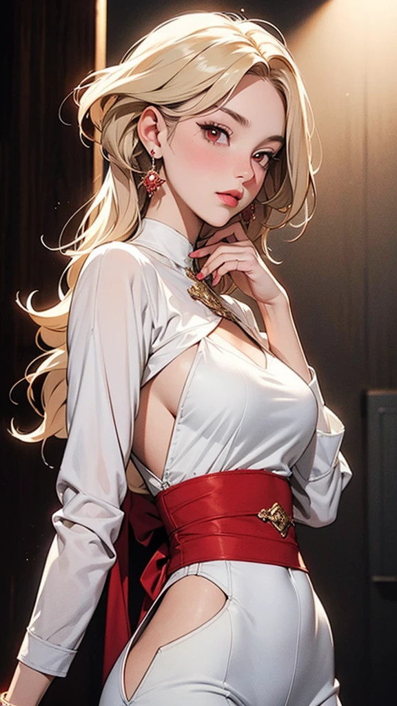 Detailed illustration in anime style. A young woman with long, flowing platinum blonde hair. An intense, seductive expression with piercing red eyes. A slight blush on her cheeks. She wears an elegant, form-fitting white outfit with an intricate golden pattern. The outfit includes a backless, long-sleeved top and high-waisted pants. Elbow-length black gloves. In her right hand she holds a red dagger, near her waist. Her left hand is relaxed at her side. Her body is posed with her body facing backwards, looking over her shoulder. Her posture is confident and poised. Large red earrings that match her eyes. Overall, the look is fierce and elegant, with a strong emphasis on the intricate details and glittering elements of the clothing.