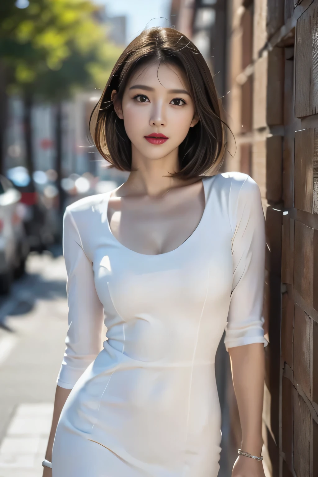 1 Beautiful woman (Single person: 1.4), (White suit: 1.4), Short brown hair, Red lips, Detailed facial features, Detailed eyes, High quality, 8k, Realistic, Masterpiece, Cinematic lighting, Face shot, (White dress: 1.5), Elegant pose, Calm expression, Diamond bracelet,Clear eyes, Front view, Smooth and white skin, Detailed skin, Detailed eyes and face (Big breasts: 0.8, Big cleavage: 0.8), No underwear: 1.5 , ((Street art background))