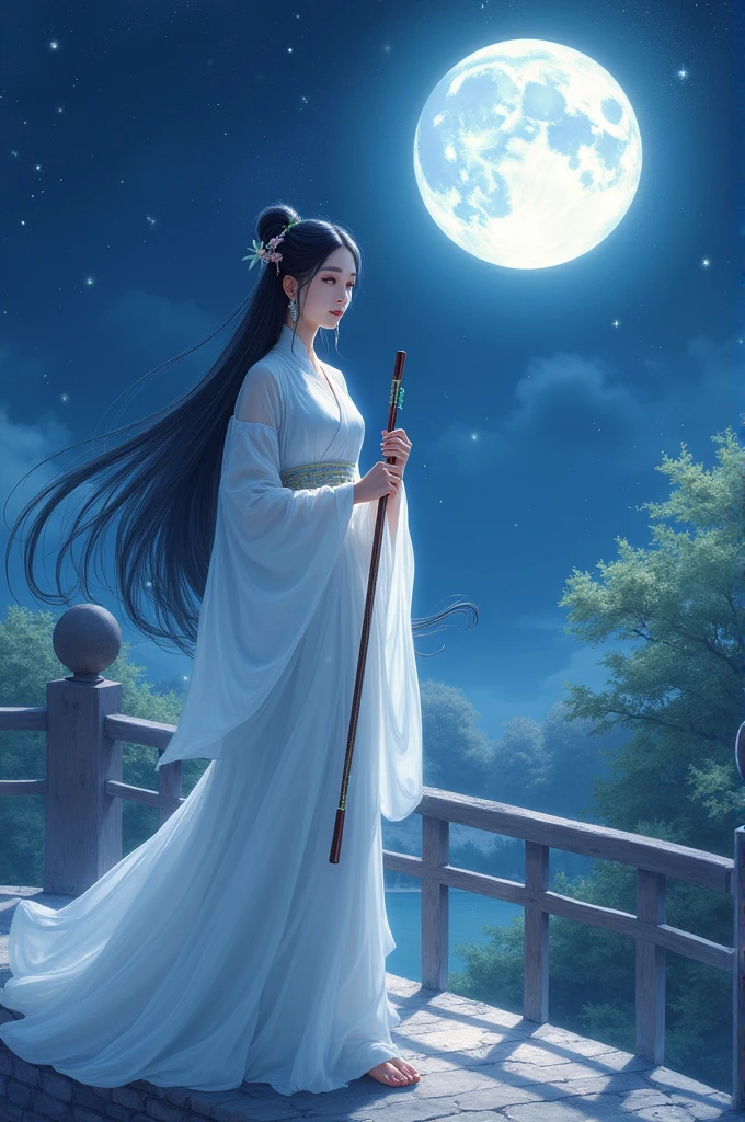 On the night of Tanabata，A classical beauty stands under the moon。She wears a long white dress，Long black hair is lightly tied with a jade hairpin，Eyes and eyebrows are picturesque。She stood on the old stone bridge，Floral fragrance overflowing，Starlight，Holding the guqin，Fingertips，The sound of the piano is melodious，Telling the yearning and expectation for love。She is like a fairy in a painting，Fresh and refined。