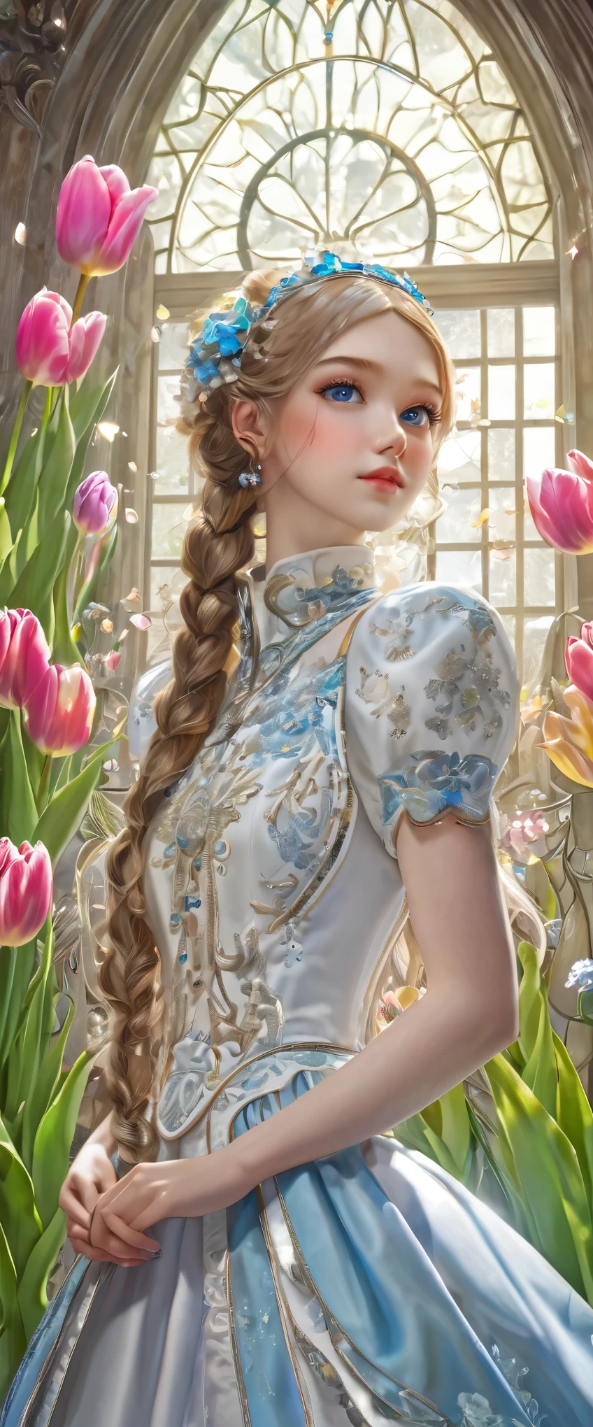 8k resolution, masterpiece, Highest quality, Award-winning works, unrealistic, sole Sexy lady, doaxvv_amy, healthy shaped body, 18-year-old, Height: 158cm, Her measurements are B/W55/H88, Blonde long hair, Twin ponytail, break, Mysterious big blue eyes, Standard nose, eyeliner, Pink Lips,  hair band, super huge bouncing busts, Sexy, Beautiful Skin, A pure white school dress with a complex structure, royal coat of arms, elegant, Very detailed, Digital Painting, artステーションコンセプトart, Smooth, Sharp focus, shape, artジャム、Greg Rutkowski、Alphonse Mucha、William Adolphe Bouguereau、art：Stephanie Law , Royal Jewel, nature, Full Shot, Symmetric, Greg Rutkowski, Charlie Bowwater, beep, Unreal 5, Surreal, Dynamic Lighting, ファンタジーart, Complex colors, Colorful magic circle, flash, dynamic Sexy poses, A kind smile, Mysterious Background, aura, A gentle gaze, break, Small faint lights and flying fireflies, night, lanthanum, (Tulip bouquet:1.3)