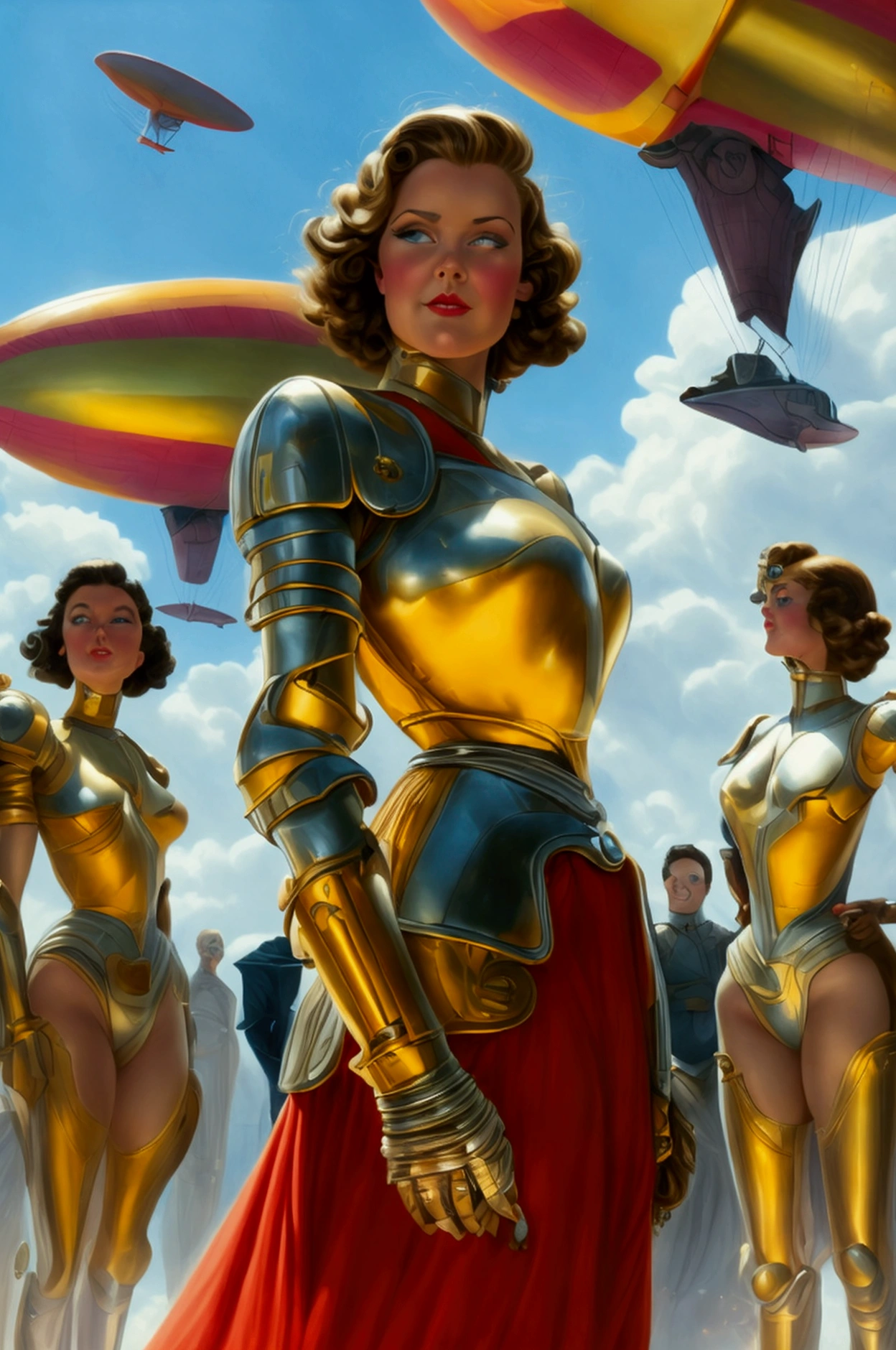 There is a woman in a futuristic dress standing in front of a group of people, big dieselpunk flying blimps, bargain, inspired by Gil Elvgren, fantasy paladin woman, inspired by Mark Brooks, [ Bubbles, portrait of helen of troy, fine skiing : :, Golden armor