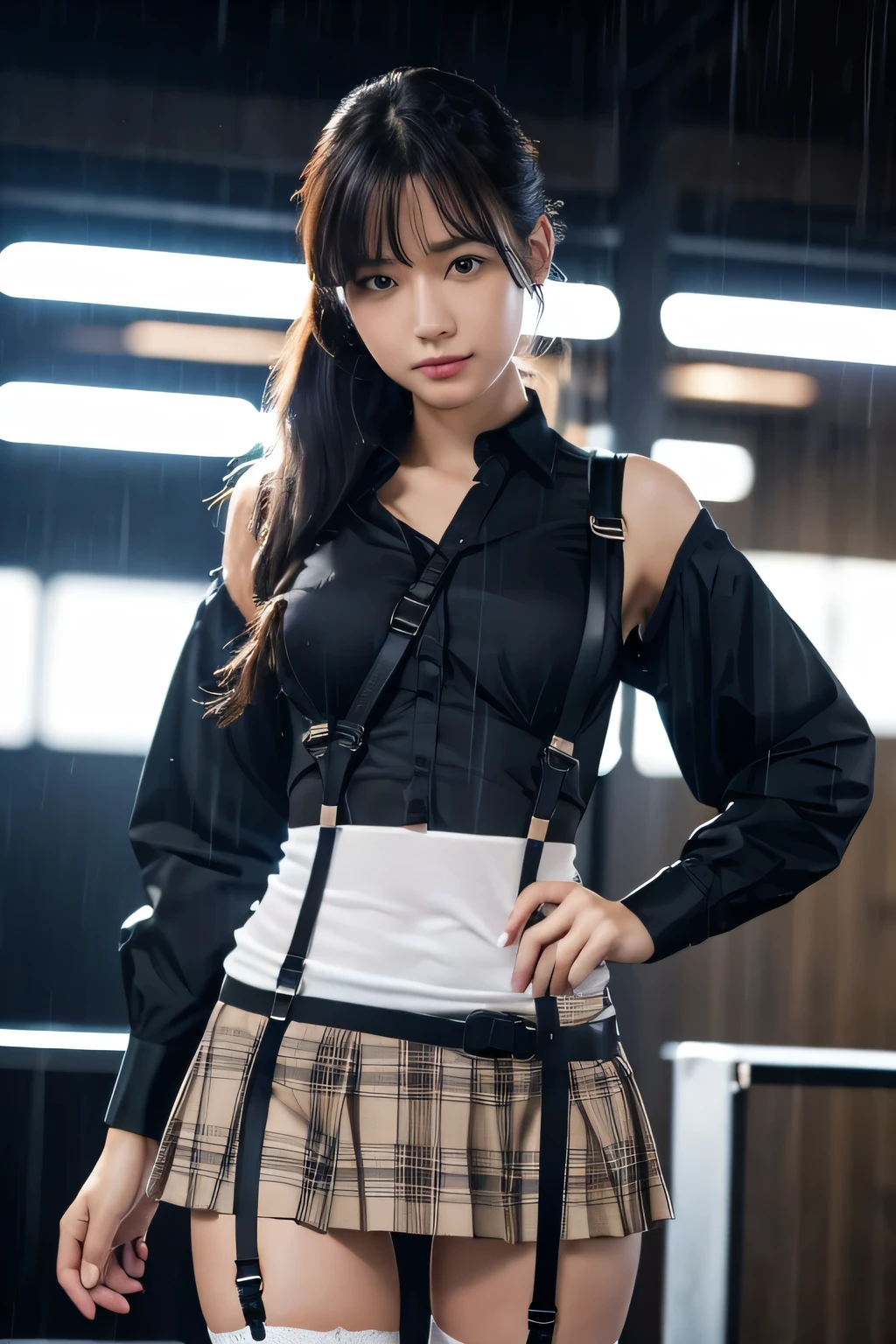 1 female, , high quality, masterpiece, Ultra-high resolution, Cinema Lighting, 1 female, , high quality, masterpiece, Ultra-high resolution, , Cinema Lighting, suspenders Moderate breasts Small face Looking up Sweat Thin belt buzzer 脇Sweat Garter belt Belt on pants holster Hands behind your back Looking up Anxious face Knee-high Knee socks Knee-highソックス garter ふとももにGarter belt Checkered mini skirt Panty shot Skirt gap Armament holster holster Hands behind your back Anxious expression Anxious face, legs apart Armament Leg holster holster See-through clothing heavy rain Rain-soaked dress shirt,