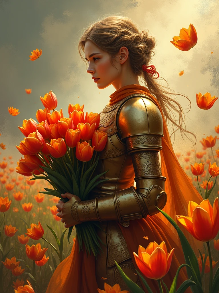 A majestic warrior in shining armor，((She holds a beautiful bouquet of tulips))，((Beautiful tulips))，Standing in the middle of a fierce battle。This scene was inspired by key elements of Gustav Klimt’s famous Golden Age。Lively and lively composition，The strokes are bold。The color palette used is intense，A perfect display of the warrior&#39;s raw power and unwavering determination。This figure uses a variety of digital techniques，Gives it a soft and delicate quality，Adding an otherworldly charm to the turbulent battlefield。Immerse yourself in this enchanting fantasy world，Legends are crafted here，The championship is up for grabs here。Admire the intricate decoration of the warriors&#39; armor、The shining edge of the blade and the vibrant energy of the battle before us。Every stroke of this digital artwork transports you into a world where courage and determination are the norm。