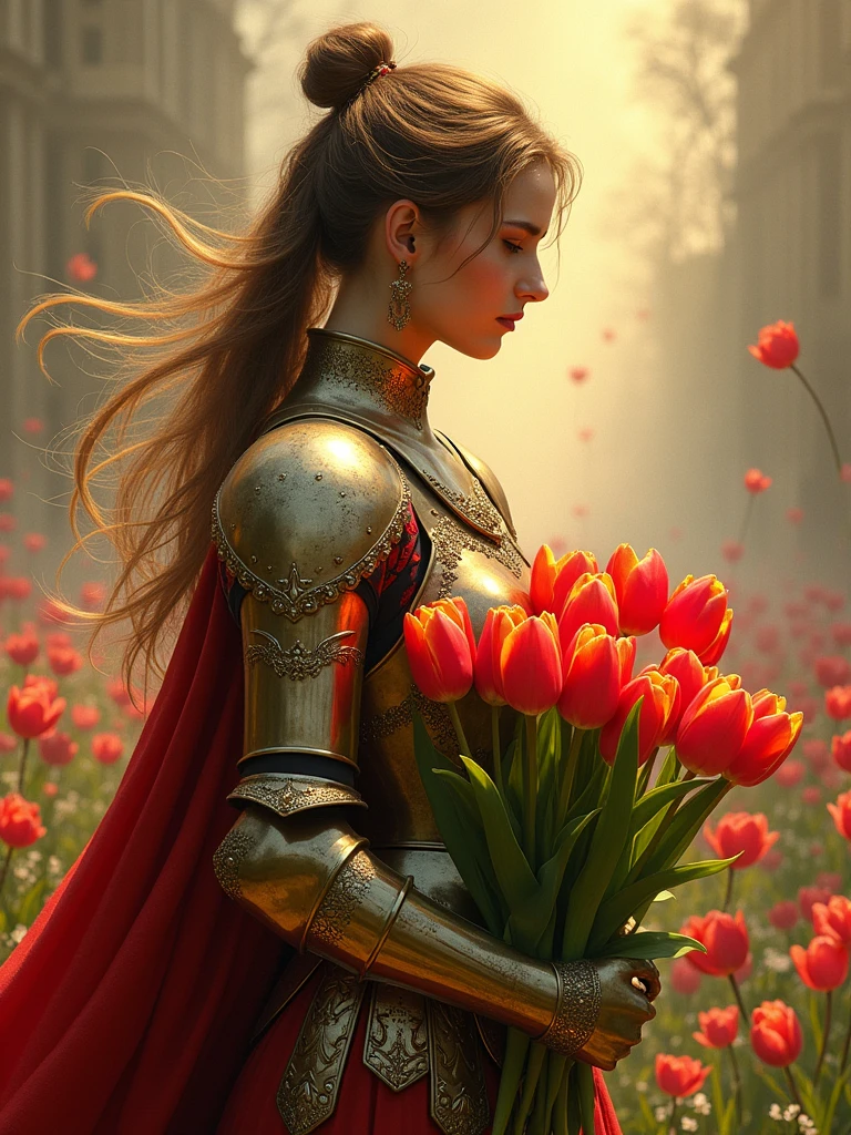 A majestic warrior in shining armor，((She holds a beautiful bouquet of tulips))，((Beautiful tulips))，Standing in the middle of a fierce battle。This scene was inspired by key elements of Gustav Klimt’s famous Golden Age。Lively and lively composition，The strokes are bold。The color palette used is intense，A perfect display of the warrior&#39;s raw power and unwavering determination。This figure uses a variety of digital techniques，Gives it a soft and delicate quality，Adding an otherworldly charm to the turbulent battlefield。Immerse yourself in this enchanting fantasy world，Legends are crafted here，The championship is up for grabs here。Admire the intricate decoration of the warriors&#39; armor、The shining edge of the blade and the vibrant energy of the battle before us。Every stroke of this digital artwork transports you into a world where courage and determination are the norm。