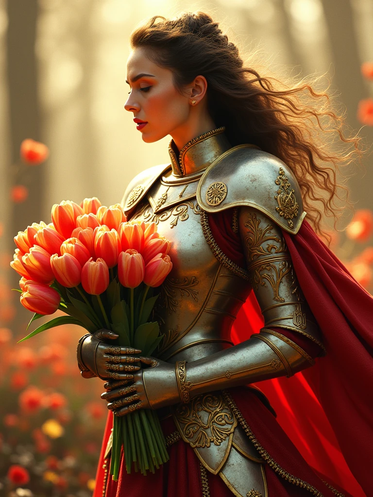 A majestic warrior in shining armor，((She holds a beautiful bouquet of tulips))，((Beautiful tulips))，Standing in the middle of a fierce battle。This scene was inspired by key elements of Gustav Klimt’s famous Golden Age。Lively and lively composition，The strokes are bold。The color palette used is intense，A perfect display of the warrior&#39;s raw power and unwavering determination。This figure uses a variety of digital techniques，Gives it a soft and delicate quality，Adding an otherworldly charm to the turbulent battlefield。Immerse yourself in this enchanting fantasy world，Legends are crafted here，The championship is up for grabs here。Admire the intricate decoration of the warriors&#39; armor、The shining edge of the blade and the vibrant energy of the battle before us。Every stroke of this digital artwork transports you into a world where courage and determination are the norm。