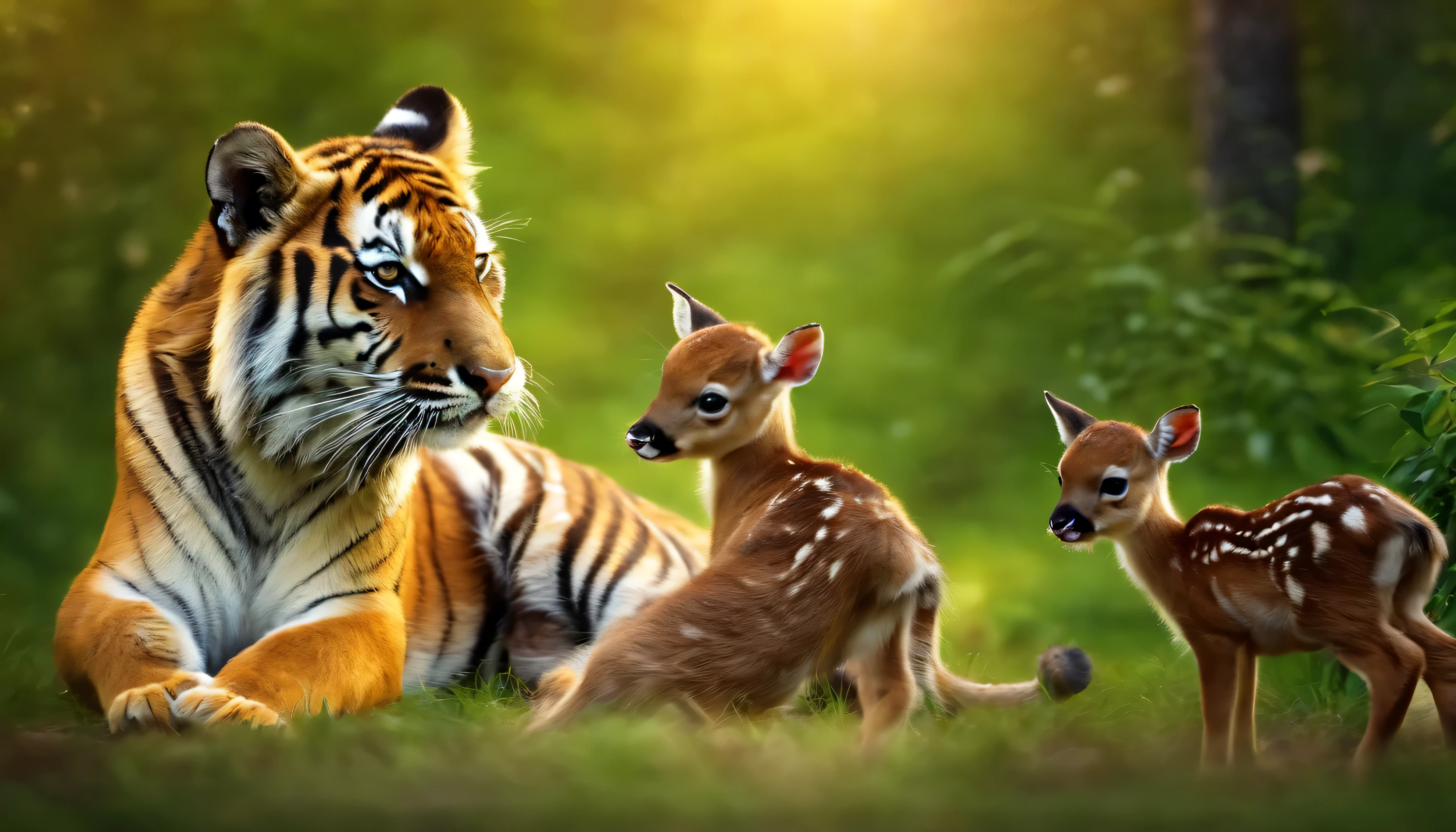 Amazing tiger playing with three cute baby deer in jungle