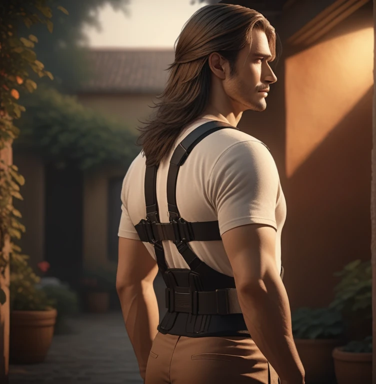 a handsome man with long hair, wearing lower-back brace, high quality, 8k, realistic, photorealistic, ultra-detailed, masterpiece, cinematic lighting, dramatic composition, warm color tones