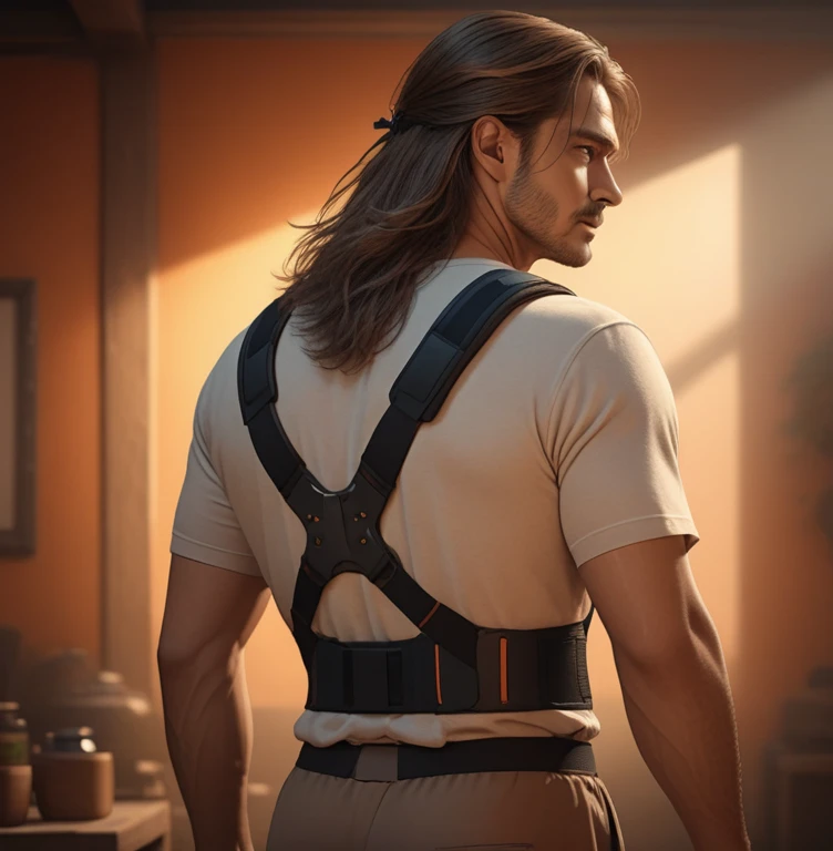 a handsome man with long hair, wearing lower-back brace, high quality, 8k, realistic, photorealistic, ultra-detailed, masterpiece, cinematic lighting, dramatic composition, warm color tones