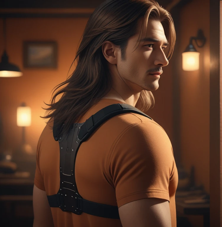 a handsome man with long hair, wearing lower-back brace, high quality, 8k, realistic, photorealistic, ultra-detailed, masterpiece, cinematic lighting, dramatic composition, warm color tones