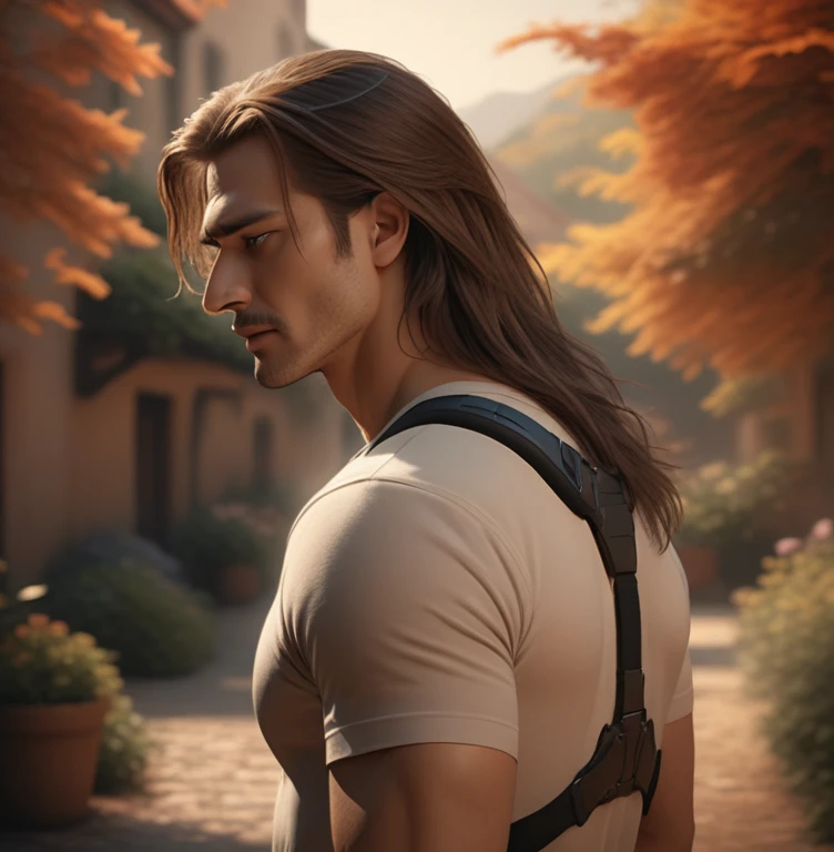 a handsome man with long hair, wearing lower-back brace, high quality, 8k, realistic, photorealistic, ultra-detailed, masterpiece, cinematic lighting, dramatic composition, warm color tones