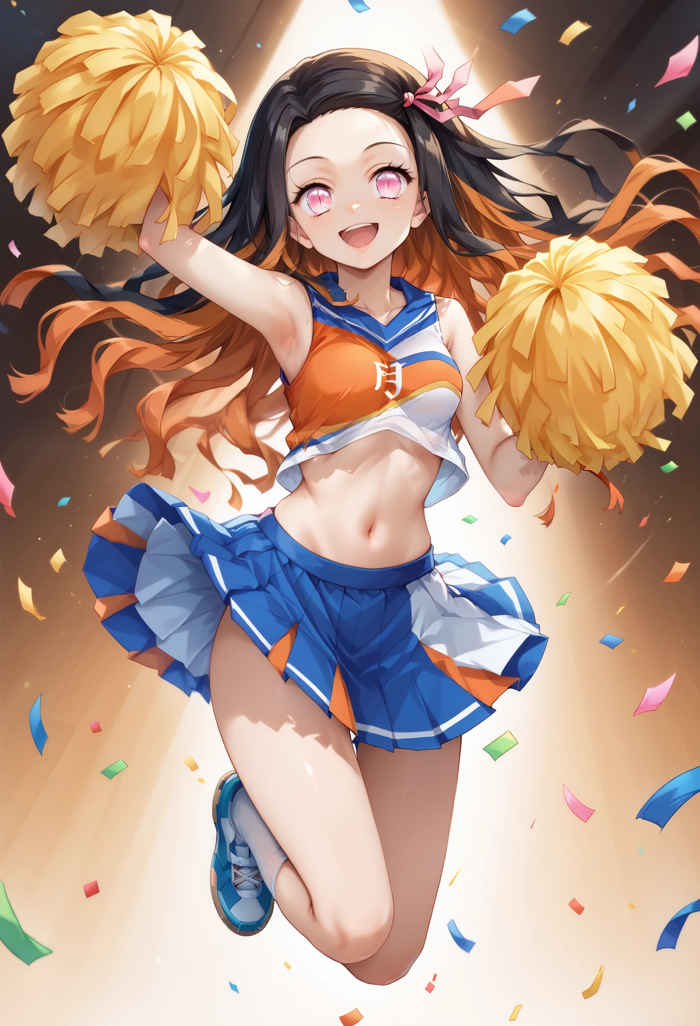 score_9, score_8_up, score_7_up, (Demon Slayer, kimetsu no yaiba style), nezuko kamado, (1girl, solo), (Cheerleader, HaruCheerUniform, sleeveless, (bare abdomen, navel), blue skirt), (wavy hair, long hair, two-tone hair, multicolored hair, black hair, orange hair, hair ribbon), forehead, (pink eyes, slit pupils), (smile, open mouth), holding pom poms, jump, falling Confetti