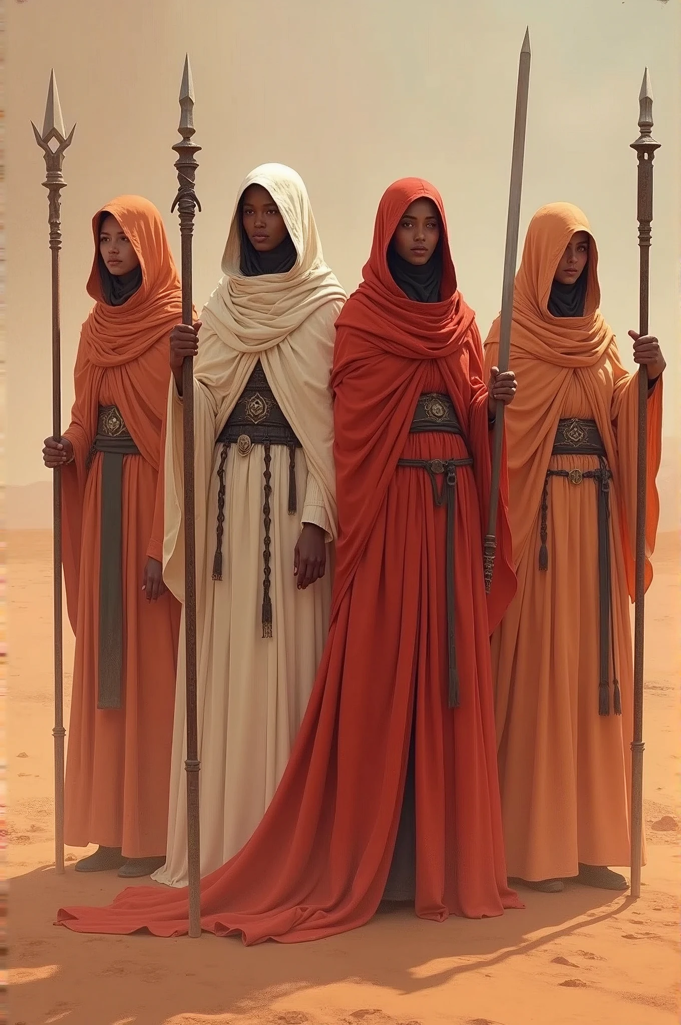 4 fantasy character concept art of four female priestesses with long robes and staffs holding swords standing in the desert. The art has a dark orange and light pink color palette with a detailed background in the style of a matte painting by Greg Rutkowski.
