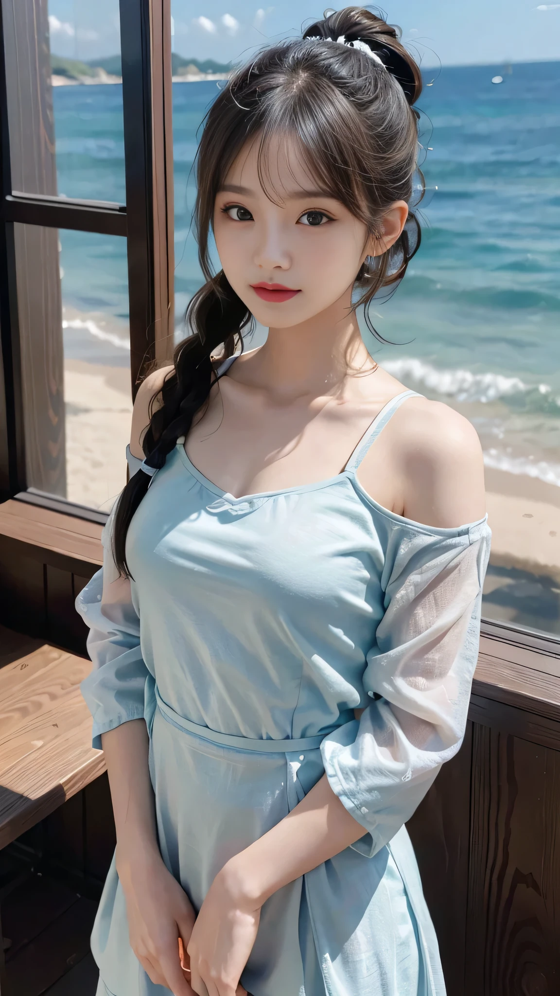 Bust Shot,Bikini,Beach,The highest image quality, High quality, the background is clear,Beautiful woman, Japanese,Ultra-detailed, finely detail, hight resolution, 8k Wallpaper, Perfect dynamic composition, Beautiful detailed eyes , Detailed, Detailed eyes, Detailed skin, Beautiful skin, 超hight resolution, (reality: 1.4),Very beautiful woman, Slightly younger face, Beautiful skin, Slender, (Ultra photo realsisim), (hight resolution), (8k), (Very detailed) (beautifully detailed eyes), (super detailed), (Detailed face), view the viewer, Fine details, Detailed face, Staring straight ahead, Staring straight ahead, photos realistic, Bright lighting, Professional Lighting, Black hair,poneyTail,a baby face,sixteen years old,Hairstyle: ponytail,Long ponytail hairstyle,slight smile,Beautiful Japanese KPOP idol photo, hair style is ponytail, my eyes are double and wide, baby face, smile and look straight ahead, Slender, small breasts,