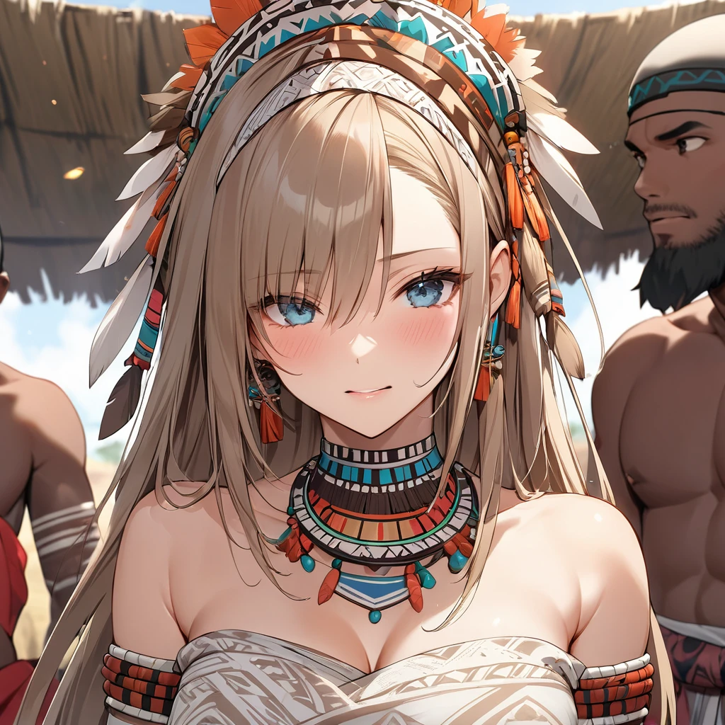 ((Highest quality)), ((masterpiece)), (detailed), （Perfect Face）、Asuna Yuuki, a female with light brown, semi-long hair, is forced to wear tribal clothing, tribal accessories, and tribal makeup by black-skinned native African men in an African tribal village, and is forced to become a tribal woman.、The woman is forced to wear a gorgeous tribal wedding dress, is adorned with tribal accessories, becomes the wife of the best warrior in the tribal village, is forced to hold a wedding ceremony, and is made into a beautifully decorated tribal woman in both name and reality.、Regardless of the woman&#39;s wishes, she was embraced by the tribe&#39;s greatest warrior, kissed in oath, and blessed by the villagers, the wedding was consummated, and she became Asuna, the tribe&#39;s woman.、The man was the best warrior in the tribe&#39;s village, and he embraced and kissed the woman, forcing her into a wedding ceremony, making her his wife and turning her into a tribeswoman.