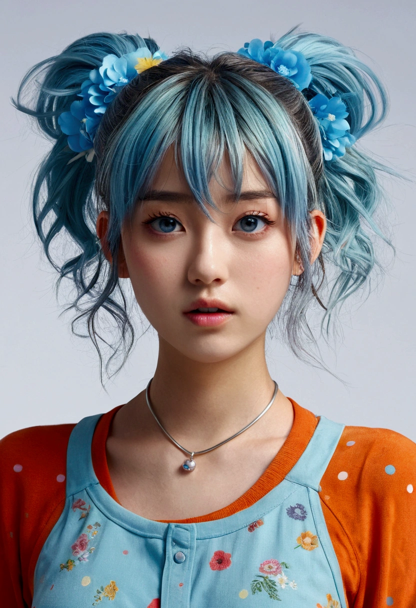 (masterpiece), (best quality), (ultra detailed),(disheveled hair),(illustration), (1girl), (Fashionable clothing), standing, Fashion model, looking at viewer, (interview), (simple background),beautiful detailed eyes, delicate beautiful face, Floating,(high saturation),(colorful splashes),colorful bubble,(shining), focus on face, ponytail, kamisato ayaka, light blue hair, bangs, hair ring, floating flowers, floating hairs, (shining), best lighting, best shadow,