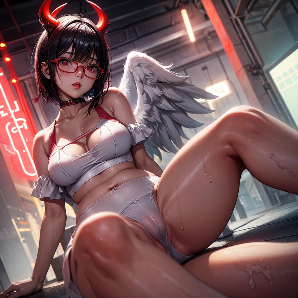 Beautiful girl,Korea, sitting among red light neon,
 18 years old,Short hair, shoulder length,black hair, medium breasts,wet, sweat, camel toe, red lips ,Wear glasses,
White underwear, sexy pose,
 red eyes, spread your legs, กางเกงใน girl,
Two horns and a red demon tail, slim, angel wings,