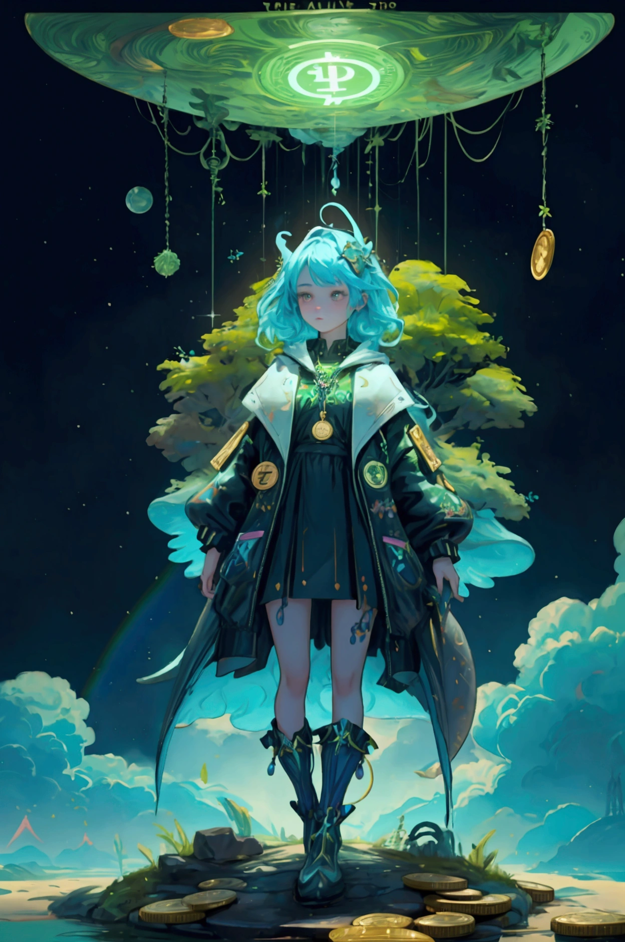 A beautiful and cute girl standing in a magical, vibrant landscape. The background features a dramatic sky with rainbows, lush greenery, and scattered cryptocurrency coins, particularly Bitcoin and Ethereum symbols. The girl should have a colorful, crypto-themed outfit, embodying the same whimsical and fantastical style as the original dinosaur. Elements like glowing neon paths and hanging chains with crypto symbols should be retained, enhancing the surreal and imaginative atmosphere