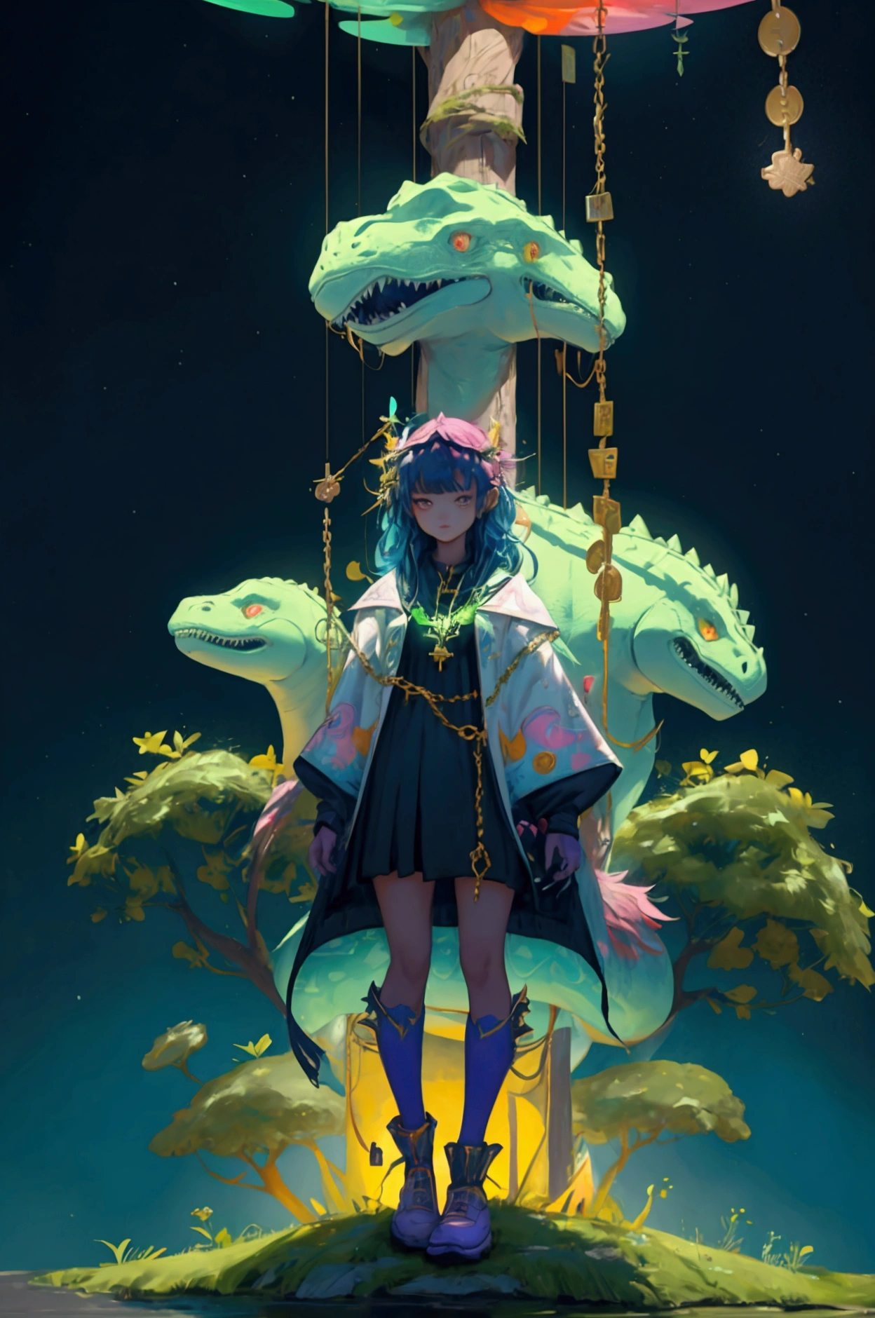 A beautiful and cute girl standing in a magical, vibrant landscape. The background features a dramatic sky with rainbows, lush greenery, and scattered cryptocurrency coins, particularly Bitcoin and Ethereum symbols. The girl should have a colorful, crypto-themed outfit, embodying the same whimsical and fantastical style as the original dinosaur. Elements like glowing neon paths and hanging chains with crypto symbols should be retained, enhancing the surreal and imaginative atmosphere