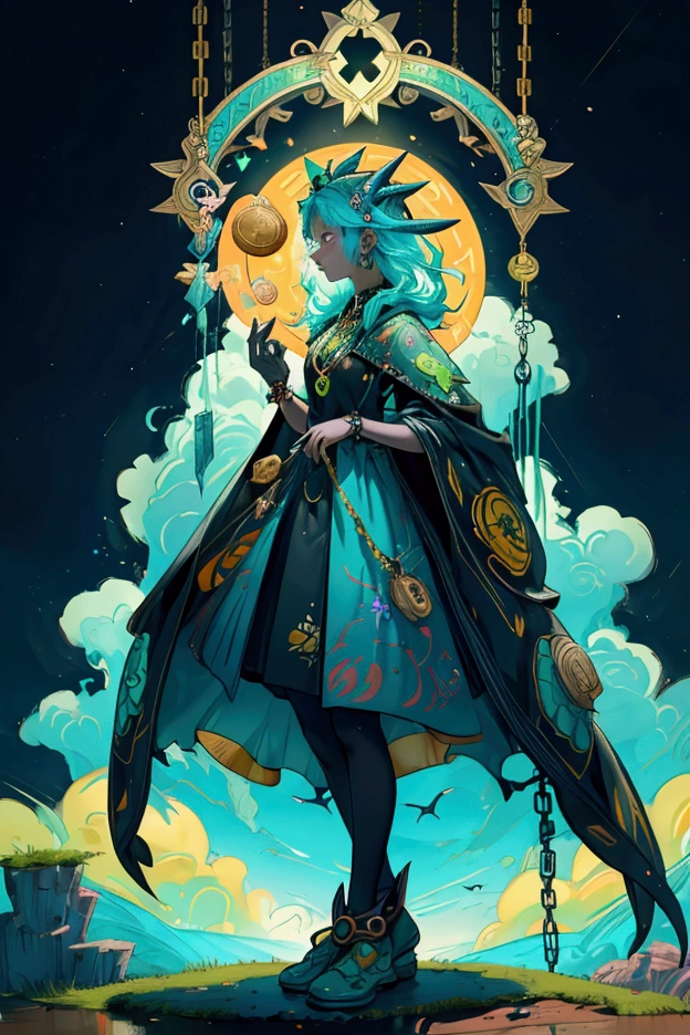 A beautiful and cute girl standing in a magical, vibrant landscape. The background features a dramatic sky with rainbows, lush greenery, and scattered cryptocurrency coins, particularly Bitcoin and Ethereum symbols. The girl should have a colorful, crypto-themed outfit, embodying the same whimsical and fantastical style as the original dinosaur. Elements like glowing neon paths and hanging chains with crypto symbols should be retained, enhancing the surreal and imaginative atmosphere