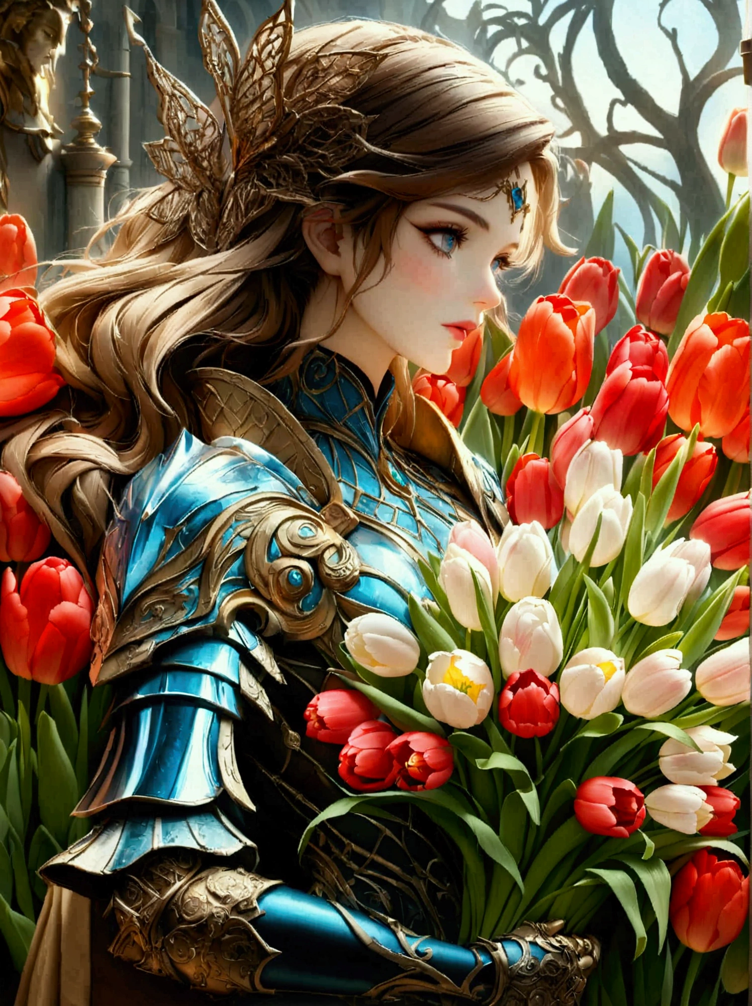 A majestic warrior in shining armor，((She holds a beautiful bouquet of tulips))，((Beautiful tulips))，Standing in the middle of a fierce battle。This scene was inspired by key elements of Gustav Klimt’s famous Golden Age。Lively and lively composition，The strokes are bold。The color palette used is intense，A perfect display of the warrior&#39;s raw power and unwavering determination。This figure uses a variety of digital techniques，Gives it a soft and delicate quality，Adding an otherworldly charm to the turbulent battlefield。Immerse yourself in this enchanting fantasy world，Legends are crafted here，The championship is up for grabs here。Admire the intricate decoration of the warriors&#39; armor、The shining edge of the blade and the vibrant energy of the battle before us。Every stroke of this digital artwork transports you into a world where courage and determination are the norm。