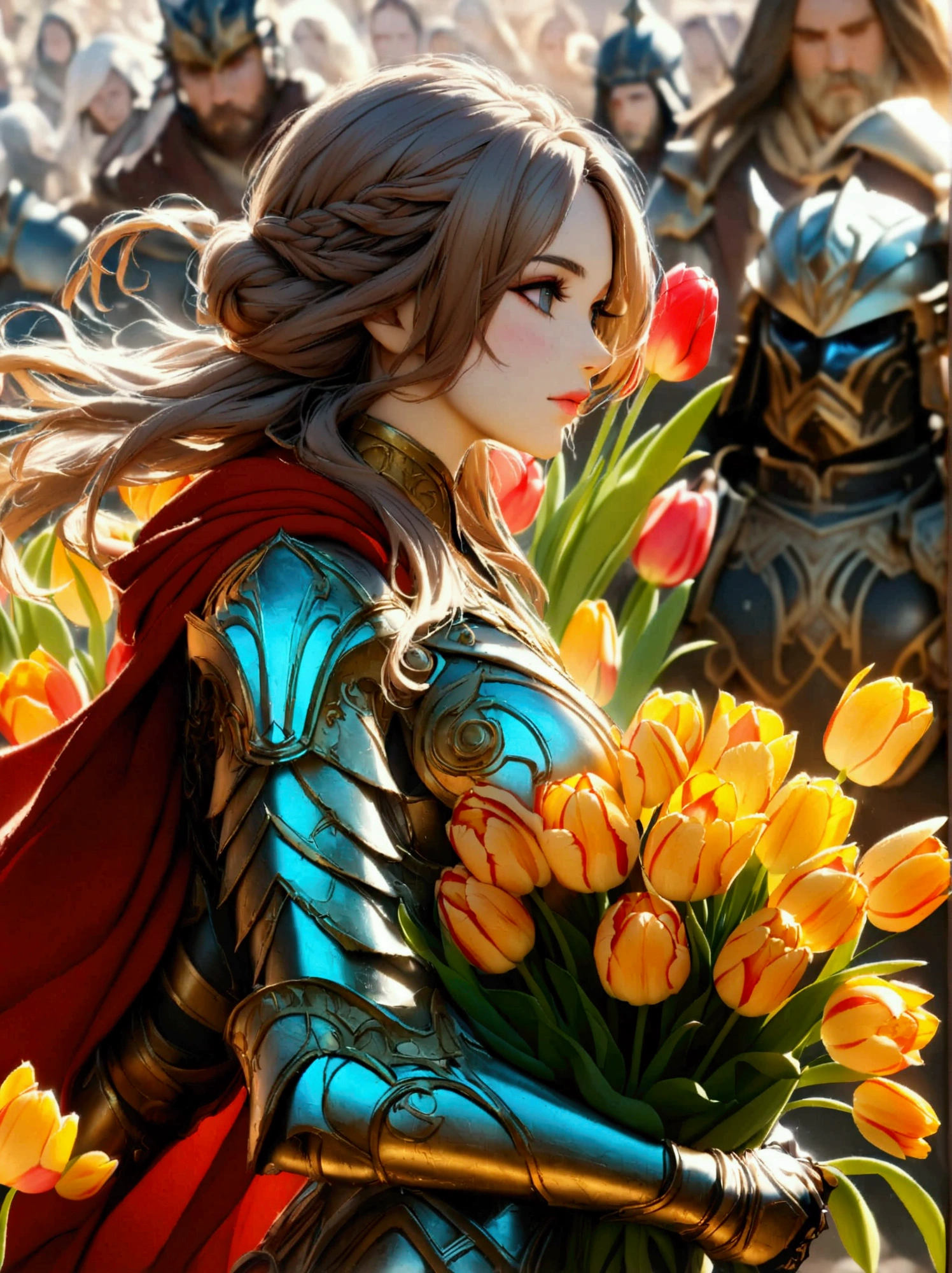 A majestic warrior in shining armor，((She holds a beautiful bouquet of tulips))，((Beautiful tulips))，Standing in the middle of a fierce battle。This scene was inspired by key elements of Gustav Klimt’s famous Golden Age。Lively and lively composition，The strokes are bold。The color palette used is intense，A perfect display of the warrior&#39;s raw power and unwavering determination。This figure uses a variety of digital techniques，Gives it a soft and delicate quality，Adding an otherworldly charm to the turbulent battlefield。Immerse yourself in this enchanting fantasy world，Legends are crafted here，The championship is up for grabs here。Admire the intricate decoration of the warriors&#39; armor、The shining edge of the blade and the vibrant energy of the battle before us。Every stroke of this digital artwork transports you into a world where courage and determination are the norm。