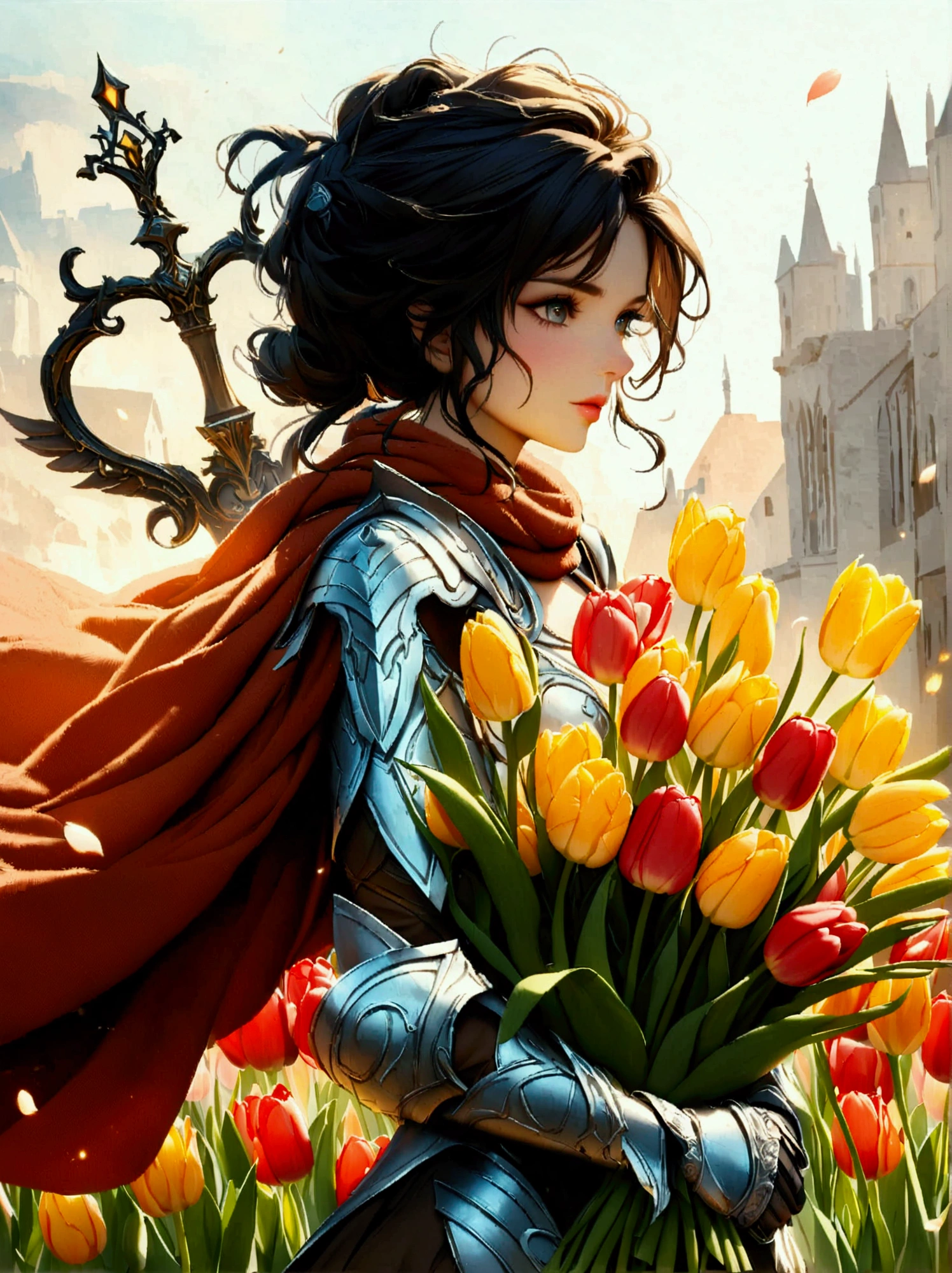 A majestic warrior in shining armor，((She holds a beautiful bouquet of tulips))，((Beautiful tulips))，Standing in the middle of a fierce battle。This scene was inspired by key elements of Gustav Klimt’s famous Golden Age。Lively and lively composition，The strokes are bold。The color palette used is intense，A perfect display of the warrior&#39;s raw power and unwavering determination。This figure uses a variety of digital techniques，Gives it a soft and delicate quality，Adding an otherworldly charm to the turbulent battlefield。Immerse yourself in this enchanting fantasy world，Legends are crafted here，The championship is up for grabs here。Admire the intricate decoration of the warriors&#39; armor、The shining edge of the blade and the vibrant energy of the battle before us。Every stroke of this digital artwork transports you into a world where courage and determination are the norm。