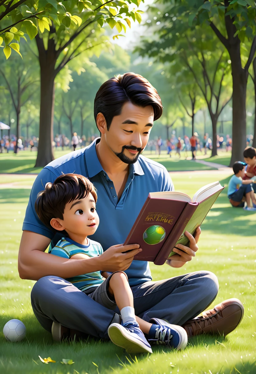 Show a father and his son in a loving situation, like playing ball in the park or reading a book together.