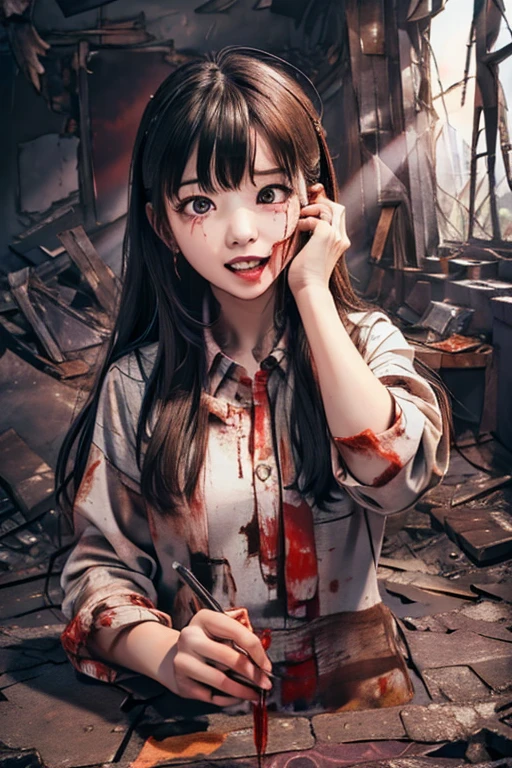 Highest quality、masterpiece、High sensitivity、High resolution、Detailed Description、Slender women、Teeth are fangs、Blood from the mouth、Red eyeball、In a classroom in ruins、