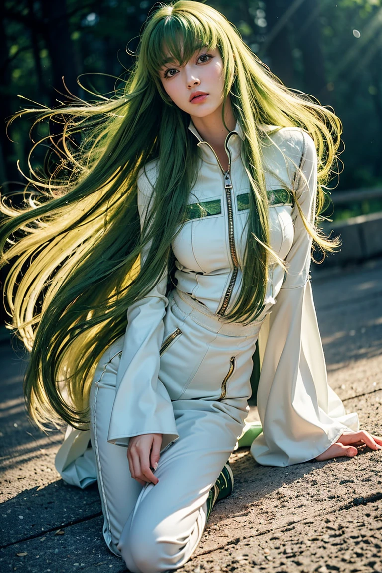 c.c., expressionless, (full body), (masterpiece, best quality, ultra-detailed, Realistic, best shadow), (beautiful detailed face, beautiful detailed eyes), (lightgreen hair), orange eyes, very long beautiful hair, zipper, white straitjacket, (cowboy shot:1.3), intense angle, mksks style, beautiful background, professional lighting, landscape with warm Colors