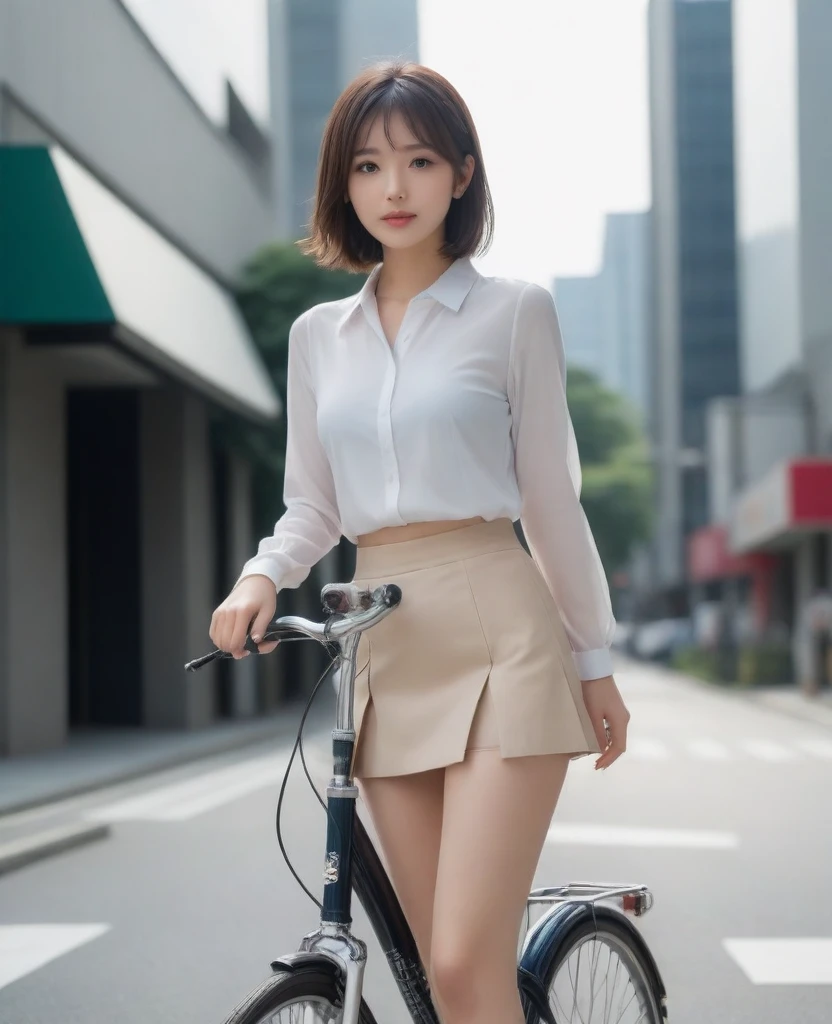 8k, photo realistic, Scores 9, 8, 7, 6, medium closeup, detailed, very sharp, vivid, solo, biking through Tokyo street, high heel, long legs, beautiful eyes, beautiful thighs, office suits, micro mini skirt, cycle basket, (((riding bicycle:1.5))), bicycle, short hair, exact front view, super low angle:1.5, going fast,  depth of field, beautiful big breasts, slender,  the most beautiful woman, double eyelid, beautiful japanese woman, 25 yo, strong wind, slim beautiful legs, sexy pantie stocking, foot on pedal, hip on saddle, up_skirt