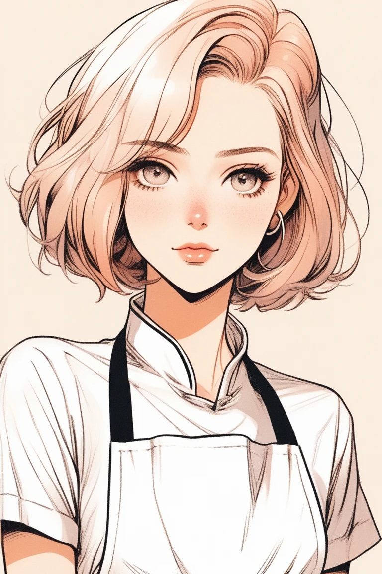 a closeup portrait of a girl, classic bob, apron, amazing body, pronounced feminine feature, busty, kitchen, [ash blonde | gingeR | pink hair], freckles, flirting with camera, (Highest quality, sketch:1.2),Realistic,Illustrator,Realistic