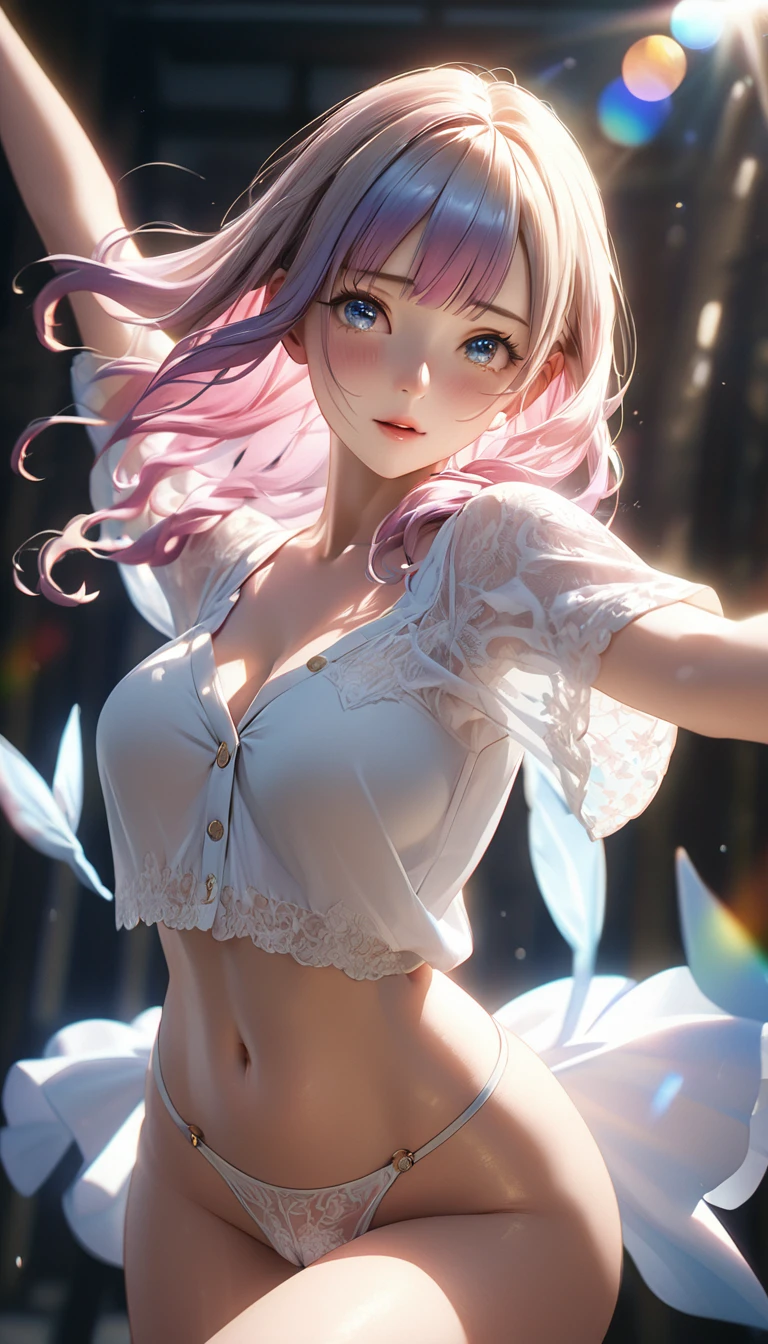 Masterpiece、最high quality、high quality、High definition、High resolution、High detail、Lens flare、Ray tracing method、high qualityの質感、high qualityの影、Beautiful details、Detailed and delicate、Detailed texture、Realistic facial expression、Realistic and colorful、Delicate、Cinematic Light、Side light、Sharp Focus、(1 woman:1.3)、(Intricate details、Makeup、Pure Eros Face_v1:0.5)、(Details Beautiful delicate face、Detailed beautiful delicate eyes、Perfect Facial Proportions、Detailed skin、Charm)、fancy hairstyles、Beautiful bangs、(Two-tone gradient hair color)、slender、(Upturned beautiful breasts)、Raise your arm and make a peace sign、(Detailed crotch、Showing off your crotch)、Female juice、(Experiencing the best orgasm)、(Light-colored V-cut、Light-colored thong)、(Thigh mini skirt、Low-rise mini skirt)、(Front-button short-sleeve shirt、Crop top)、(The wind blows and sways、 roll up)、Low-angle composition