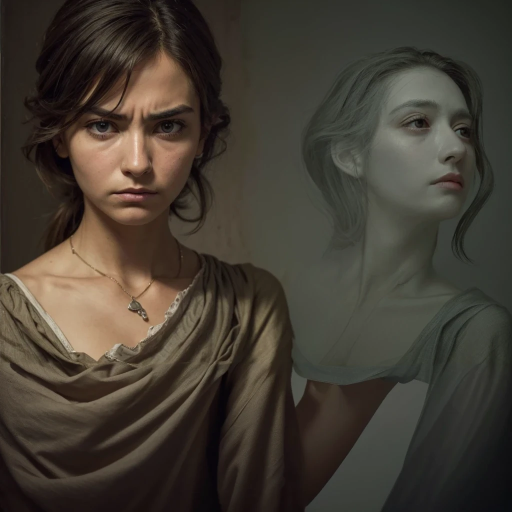 ((best qualityer)), ((work of art)), (detailded), expressive face, Grieving, deep,with details of a mind troubled by the past, very stressed 
