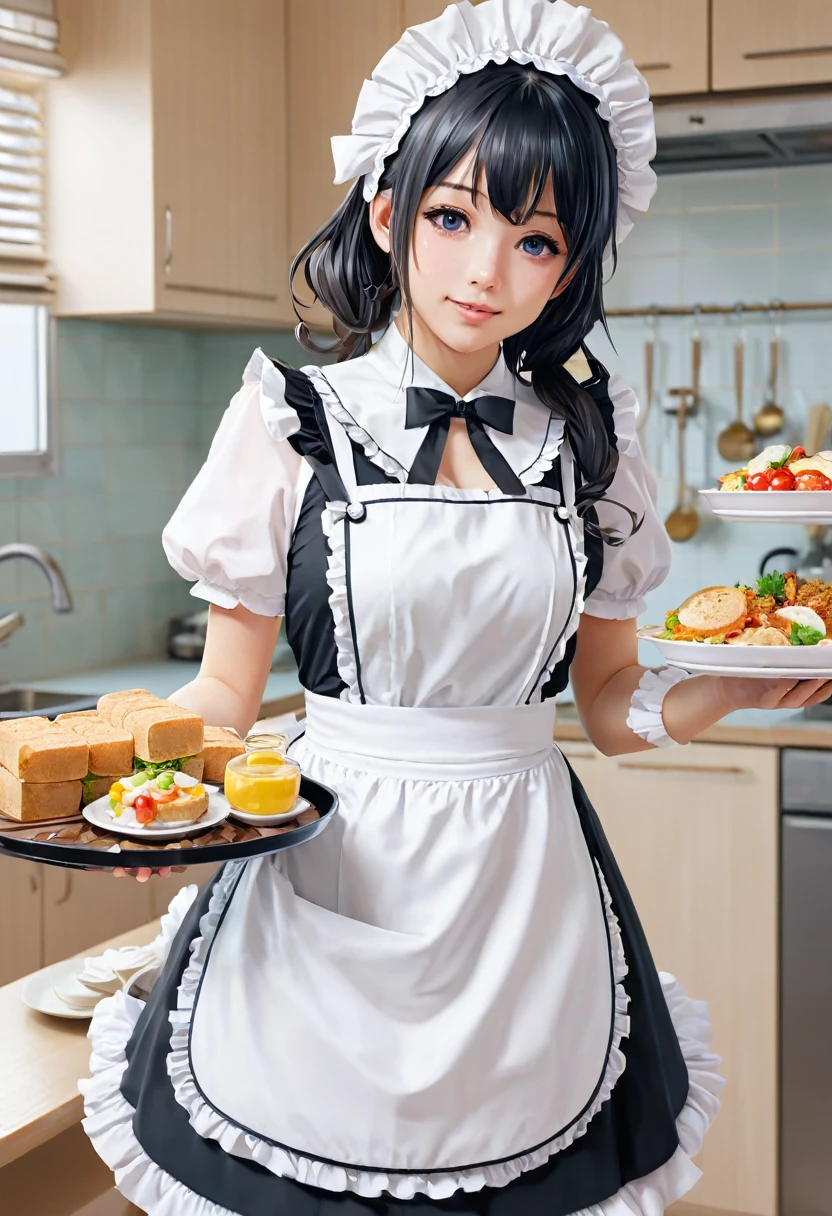 anime girl in a Maid clothes holding a tray of food, splash art anime change, changesh, Anime Moe Art Style, small change girl, guweiz on pixiv artstation, Maid clothesを着たアニメの女の子, , Maid clothes, change, Cute girl anime visuals, change in dress, Shirabii