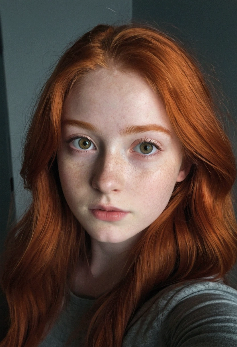 selfie shot, 1 girl in, 19yearsold, standing alone, aesthetic art, irish redhead, orange red hair, long red hair, grey-eyed, light gray eye, in a dark room sitting, relaxante, innocent