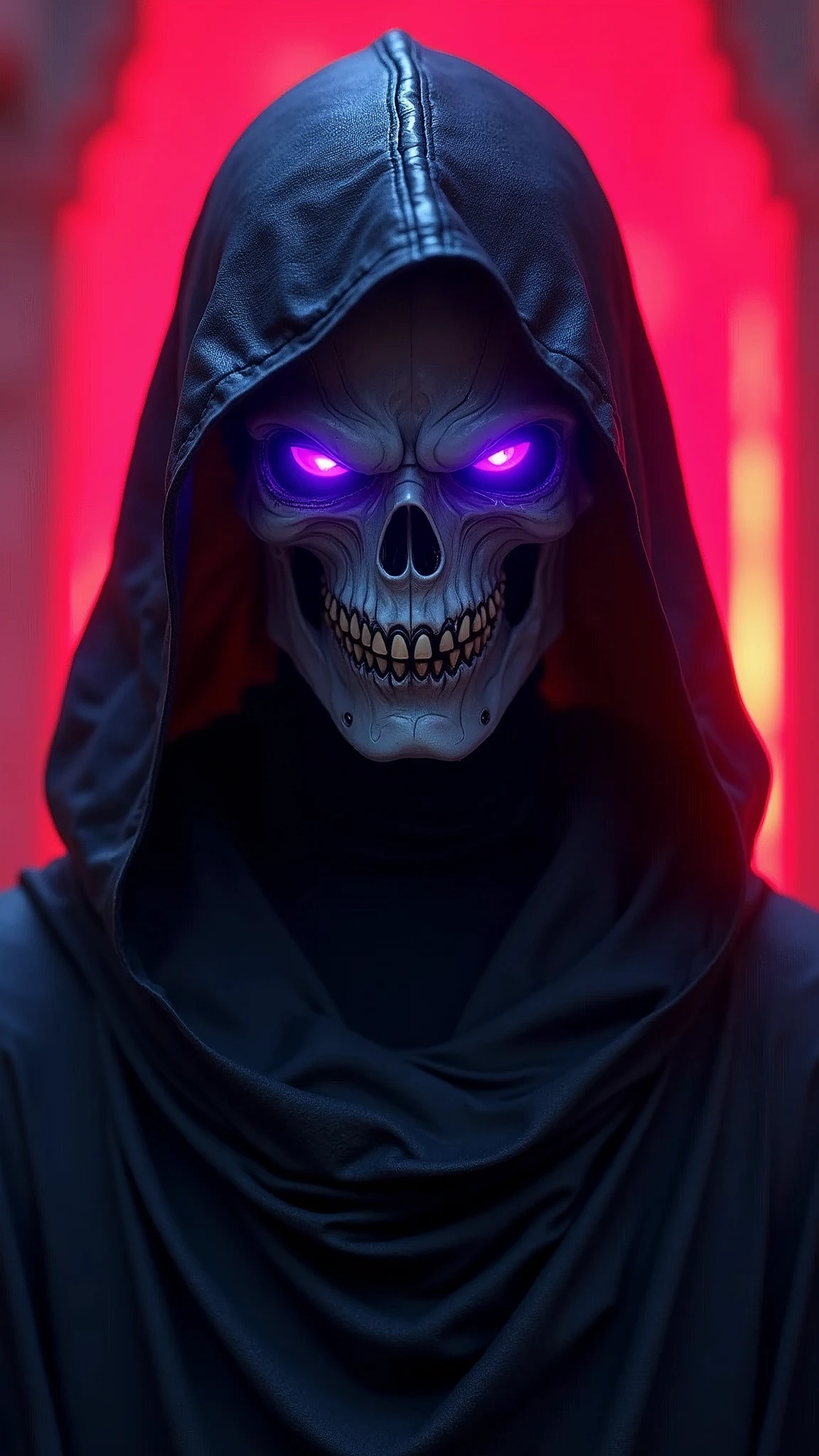 Solitary, Looking at the audience, Purple Eyes, 1 boy, Male focus, Sharp Teeth, hood, mask, Luminescence, portrait, Luminescence eyes, Red background, hood up, skull, mouth mask, Blue-violet theme,mask,monster,Mecha,Black Armor,permanent