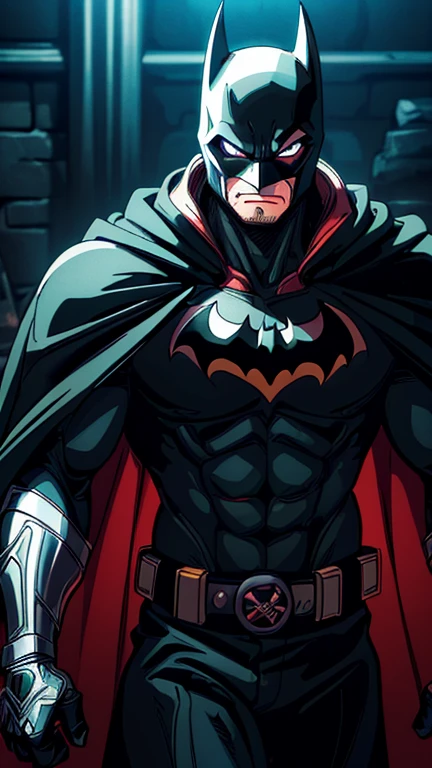 (1man, Batman), (extremely detailed CG unit 8k wallpaper),(master part), (best quality), (ultra detail), (best illustration),(wanostyle), cowboy shot, (Sharp eyeliner, ombre, detail eyes:1), dark dungeon interiors background, ,break , (vamptech), upper body, camisa, black helmet, black domino mask, black cape