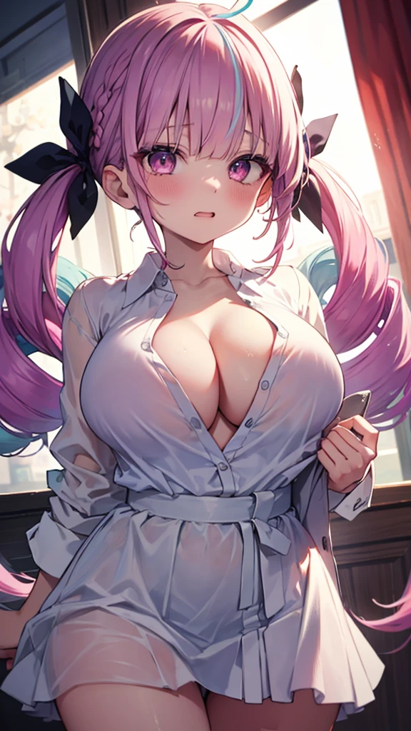 (best quality:1.2), (ultra detailed:1.2),(masterpiece:1.2),(8k:1.2),(Blessed,Captivating body、Ultra detailed hands、Ultra-detailed eyes、Ultra-detailed skin、ultra-detailed face,Detailed Background),One Girl、((white dress shirt, naked shirt,cleavage ,open shirts,large shirts,no panties,bottomless,)),(ecstasy, aroused:1.5), aaaqua, twintails, drill hair