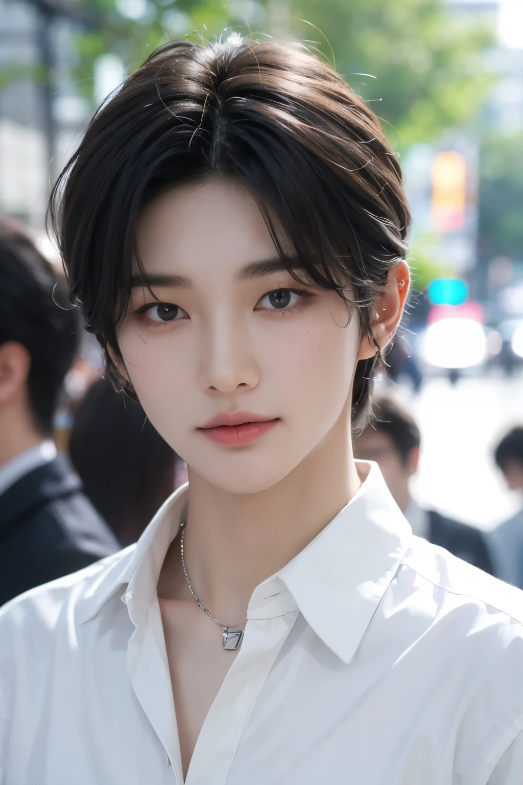 ((highest quality, 8K, masterpiece: 1.3)), Tokyo City、Handsome boy in street fashion:1.5, 20-year-old、Delinquent boy、 well-groomed face, black hair color、thin face、(white skin:1.5)、whole body、black eyes、boy with makeup、Super handsome、sexy eyes、Extra-fine face, handsome nose, small eyes and face, beautiful lighting, High resolution, detailed mouth, smile, perfect body shape、super slim,medium hair、silveraccessories、fulhair、silveraccessories、full body shot