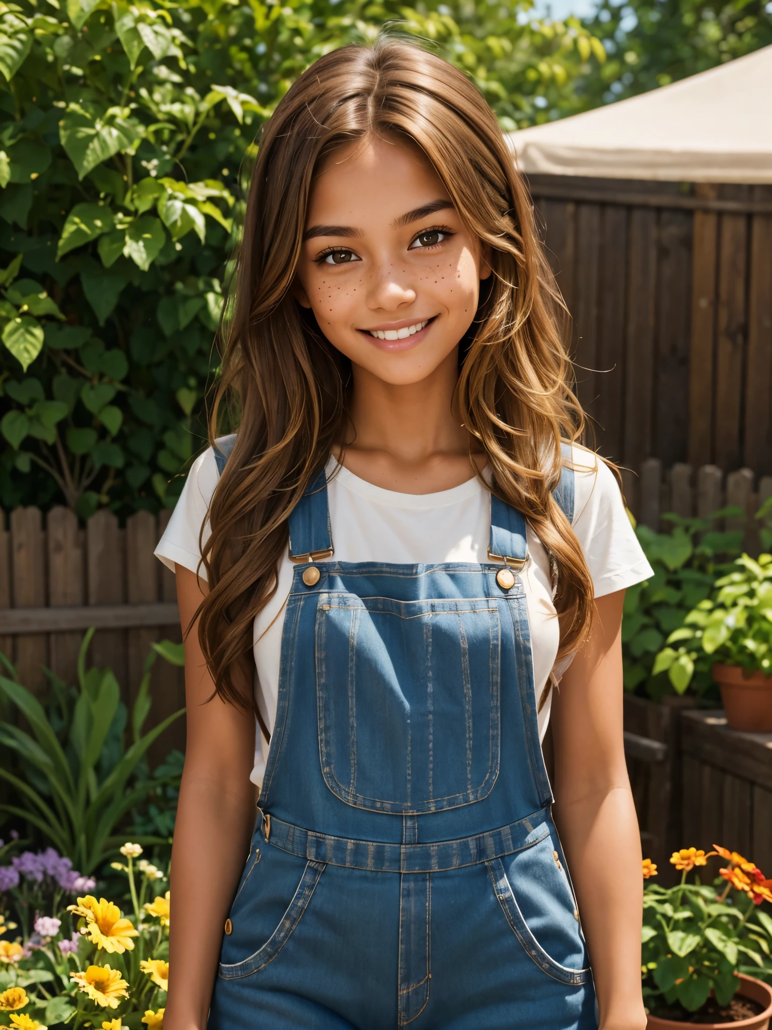 (best quality), 1girl, female, honey toned skin, chestnut hair, long hair, slightly wavy hair, brown eyes, perfect eyes, freckles, tomboy, overalls, gardener, gardening gloves, garden, , small bust, smile, masterpiece, anatomically correct, highres
