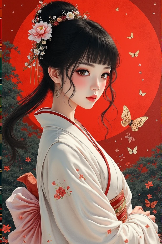 Red Cliff ink painting, 1 Classical Girl, Red Cliff,Sharp eyes,Tanabata night，dressed in white Hanfu,Light Particles,Glowing Butterfly, ((masterpiece)), ((best quality)), 8K, High Detail, Extremely detailed,