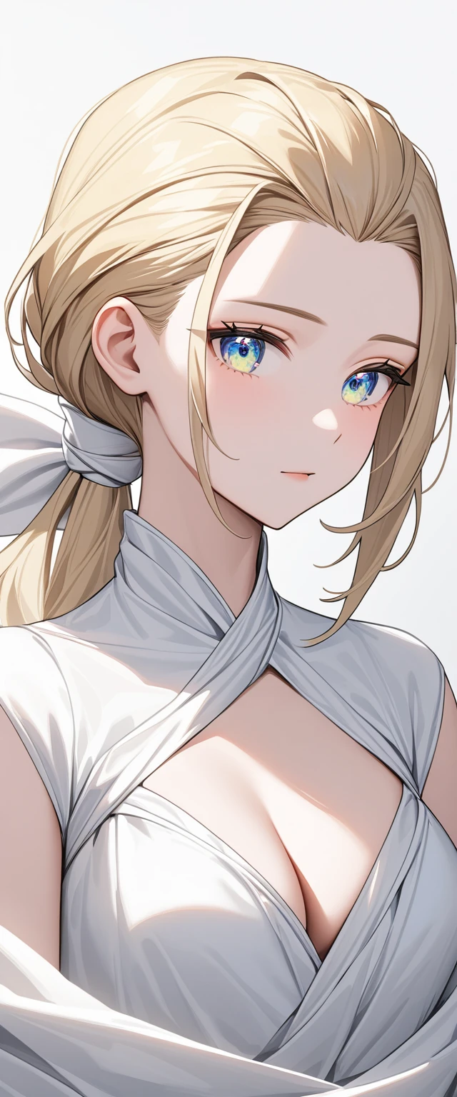 A goddess in very thin clothes Divine decoration Big iridescent eyes Blonde ((Short Hair)) ponytail Hair tied up high Center part with bangs swept up Pulling up bangs forehead ((slicked back hair)) Forehead An oversized dress made of fabric that crosses over the neck There are folds in the clothes Cleavage Very detailed Pure white cloth mini skirt Upper Body