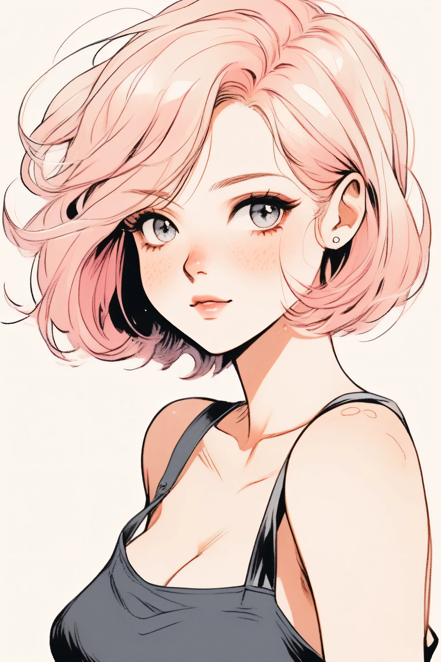 a closeup portrait of a girl, classic bob, apron, amazing body, pronounced feminine feature, busty, kitchen, [ash blonde | gingeR | pink hair], freckles, flirting with camera, (Highest quality, sketch:1.2),Realistic,Illustrator,Realistic