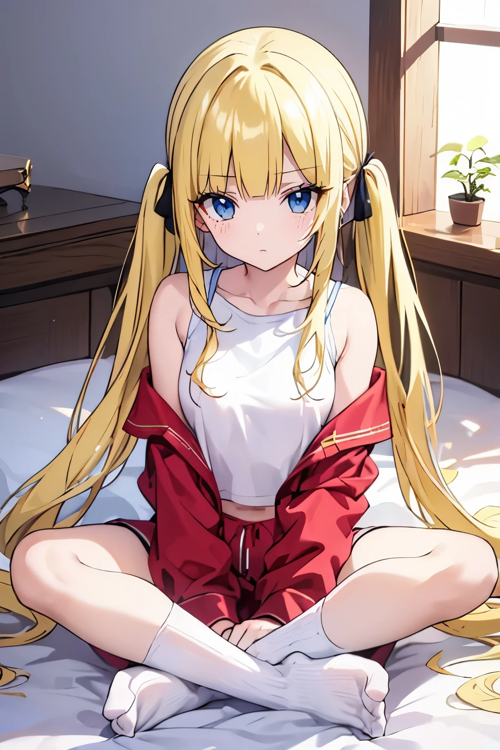 masterpiece, solo girl, (young female body:1.4), ( medium small breasts), cowboy shot, flustered, yellow golden hair, extra gold long hair, thick wavy hair, hime cut, blunt bangs, crystal blue eyes, light blue detailed eyes, bedroom background, red pyjamas, socks, red  pyjama pants, short sleeping shorts, white tank top, short oversized blue top, white crop top, pigtails