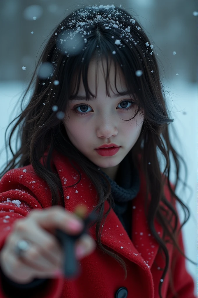 nsfw,((( masterpiece ))), (((Highest quality))), ((Very detailed)), (photograph), ((Very delicate and beautiful )),High resolution, One girl, Age 25, (Detailed eyes), (Detailed facial features), (Detailed Weapons), (Detailed fingers), (Leg details), (Eyes visible through hair), ((Drunk Eyes)) , (Embarrassing :1.2), (Toothless smile),(((Fuller lips))), (Snow Scene),(Upper Body),Red coat, ((Dim Light)),((Film Grain)), ((Single-lens reflex camera)), ((35mm lens focal length))