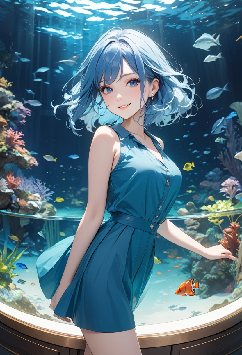 (masterpiece:1.5),(Beat quality),(high res),1girl solo,beautiful face,smile,Blue clothes, blue hair woman,aquarium