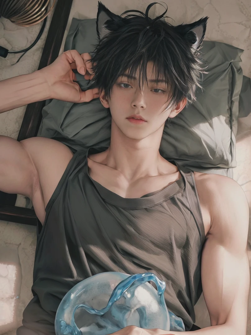 1 male, Japanese male model, high resolution 4k, young, handsome, perfect face detail, detailed eyes and face, clean shaved, sixpack, white eyebrow hair, white eyelashes, Naked torso, Detailed face, perfect face, dynamic lighting, Real skin texture, detail Perfect hand details, Real and complete hand details, unreal engine, hd picture, satoru gojo, Jujutsu kaisen, white hair, short hair ,hair between eyes ,blue eyes, white skin, wolf ears, undershirt, slime, Sleep